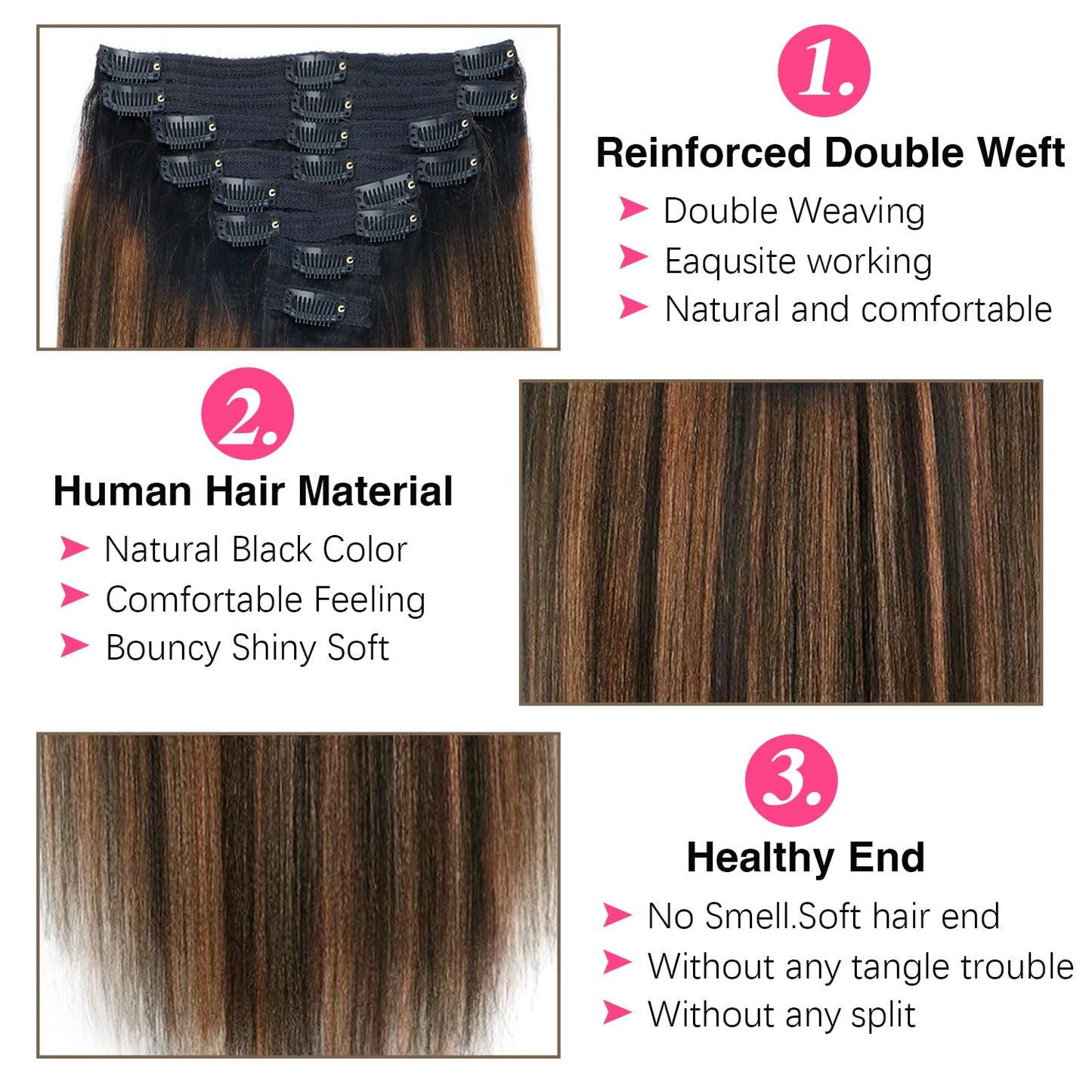 20 Inch Highlight Yaki Straight Clip in Hair Extensions Real Human Brazilian Virgin Clip Ins For Women Hair Extensions Yaki Straight Clip on Hair(20inch,T1BP1B/30)
