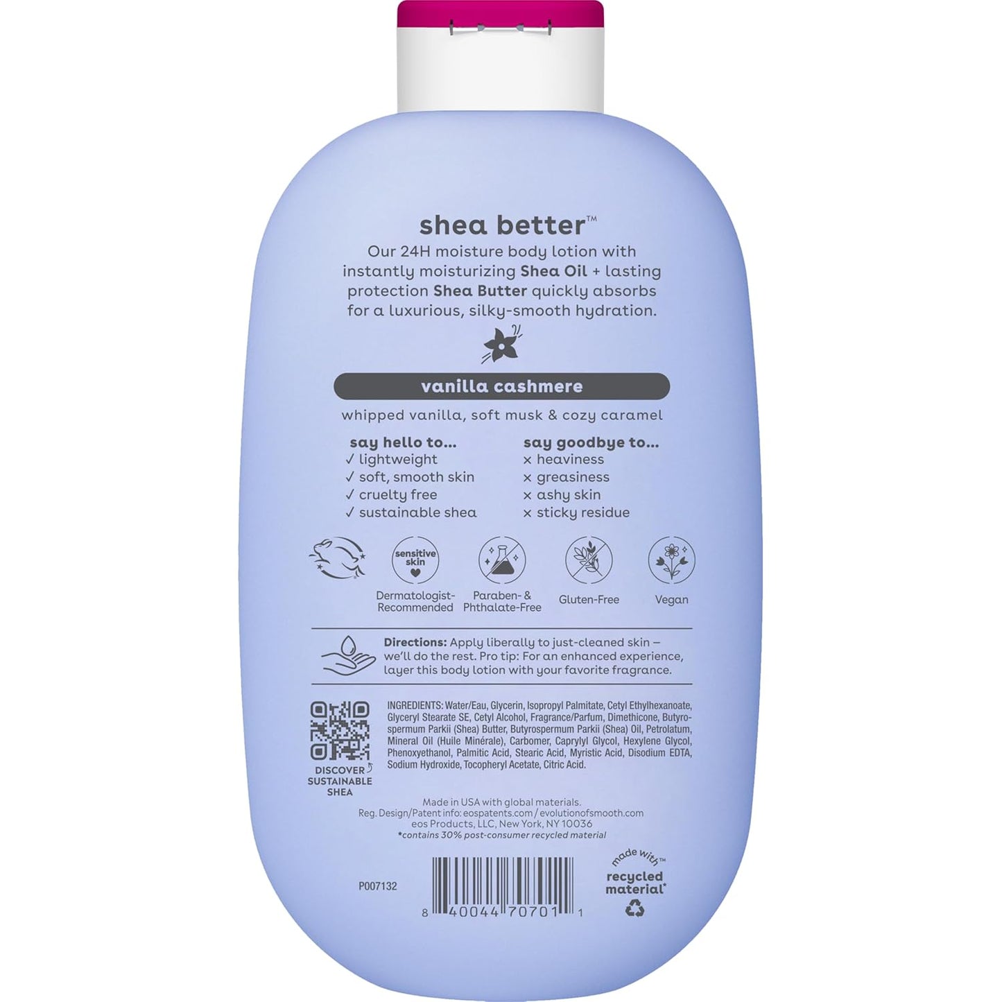 Eos Shea Better Body Lotion - Vanilla Cashmere, 24-Hour Moisture, Lightweight & Non-Greasy | 16 fl oz