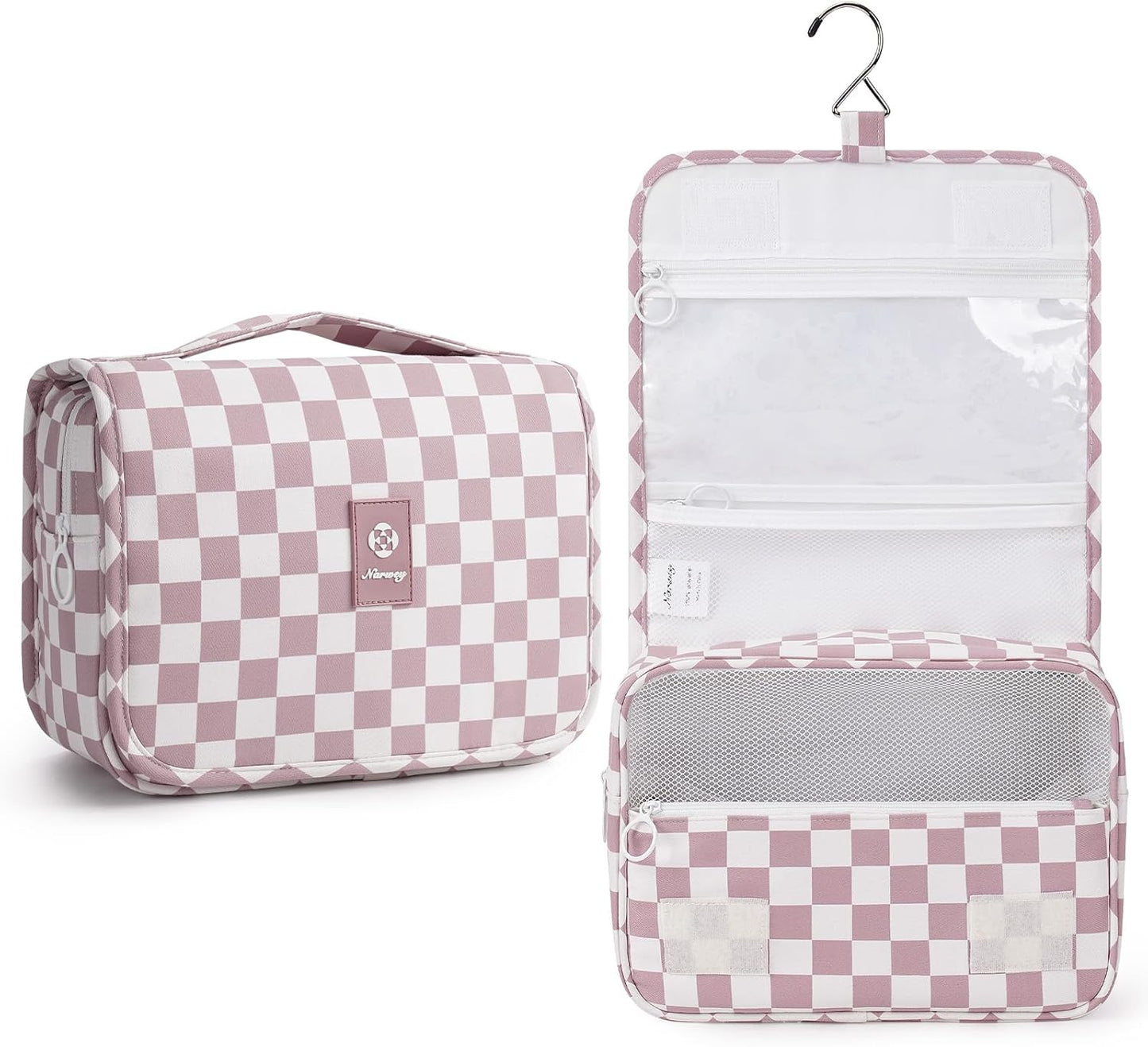 Narwey Small Hanging Travel Toiletry Bag - Checkered Makeup Organizer for Women | Grayish Blue Checkerboard