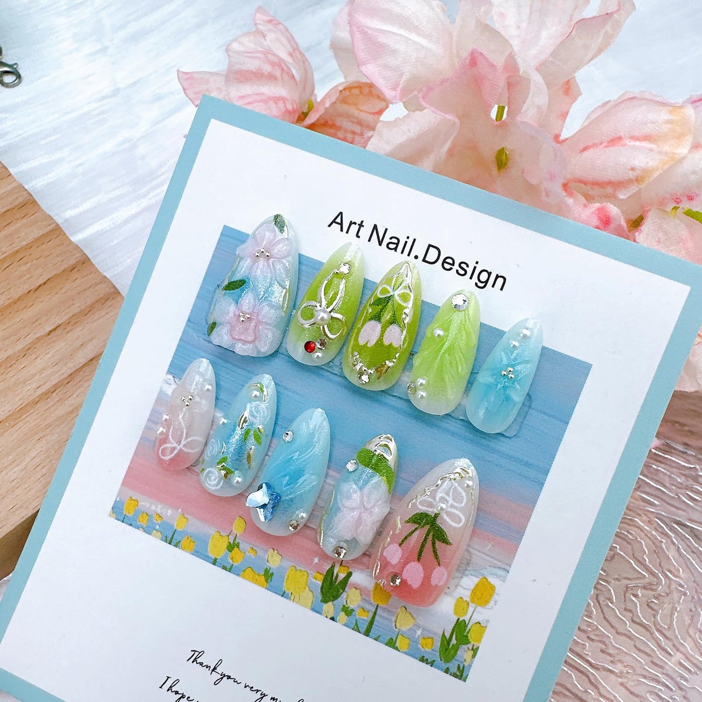 Medium Almond Press-On Nails - 30 Pcs Butterfly Pearl Rhinestones & 3D Flower Designs | Cute Floral Acrylic Full Cover