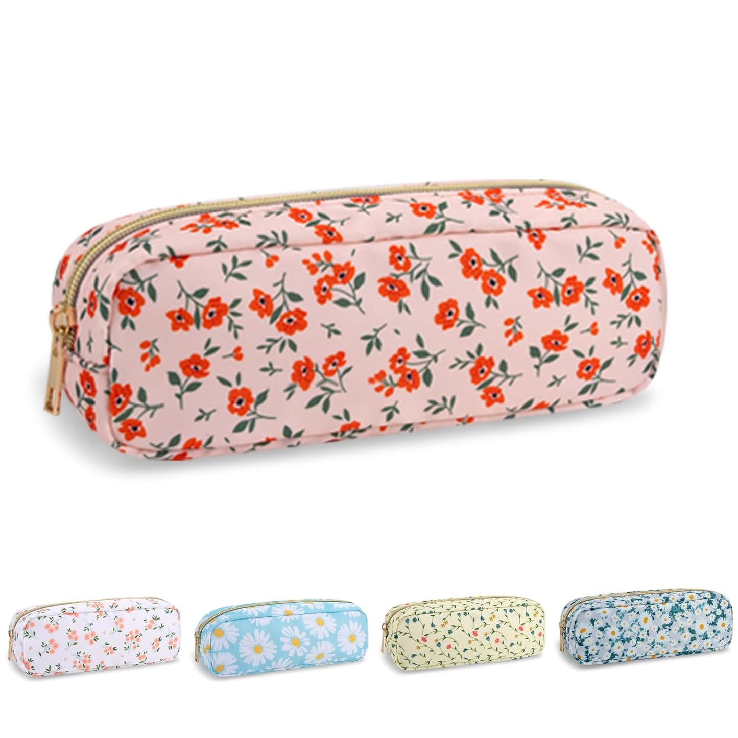 Waterproof Mini Floral Makeup Bag - Nylon Travel Pouch for Women | Cute Zipper Toiletry Organizer (Mini White-Flowers)