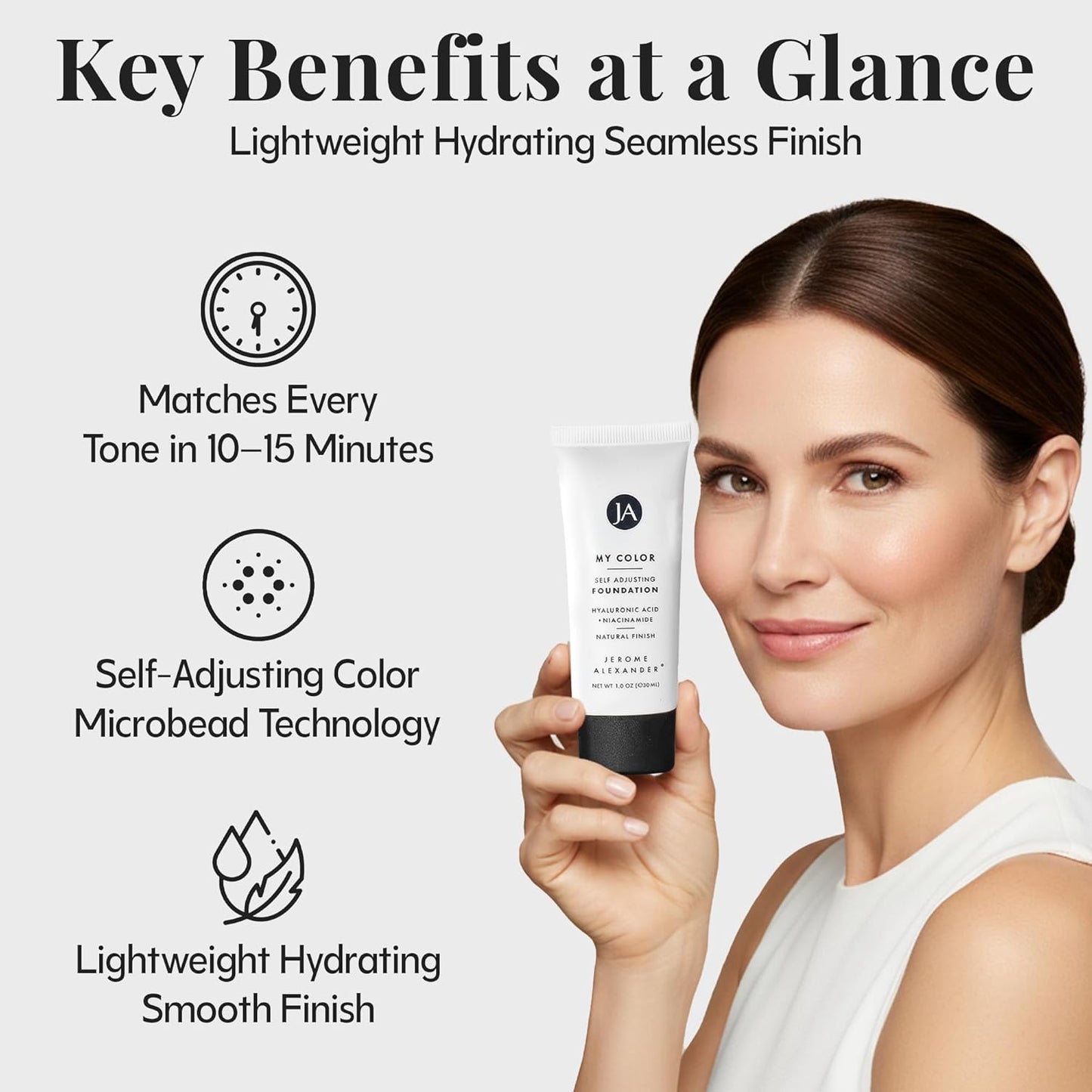 Jerome Alexander My Color Self-Adjusting Foundation - Hydrating & Lightweight Face Makeup with Kabuki Brush | Light, 1 oz