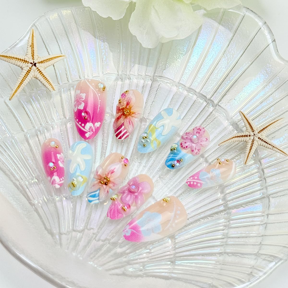 Press On Nails - 30Pcs Medium Almond French Tip with Cute Flower & 3D Pearl Designs | Reusable Pink Blue Acrylic