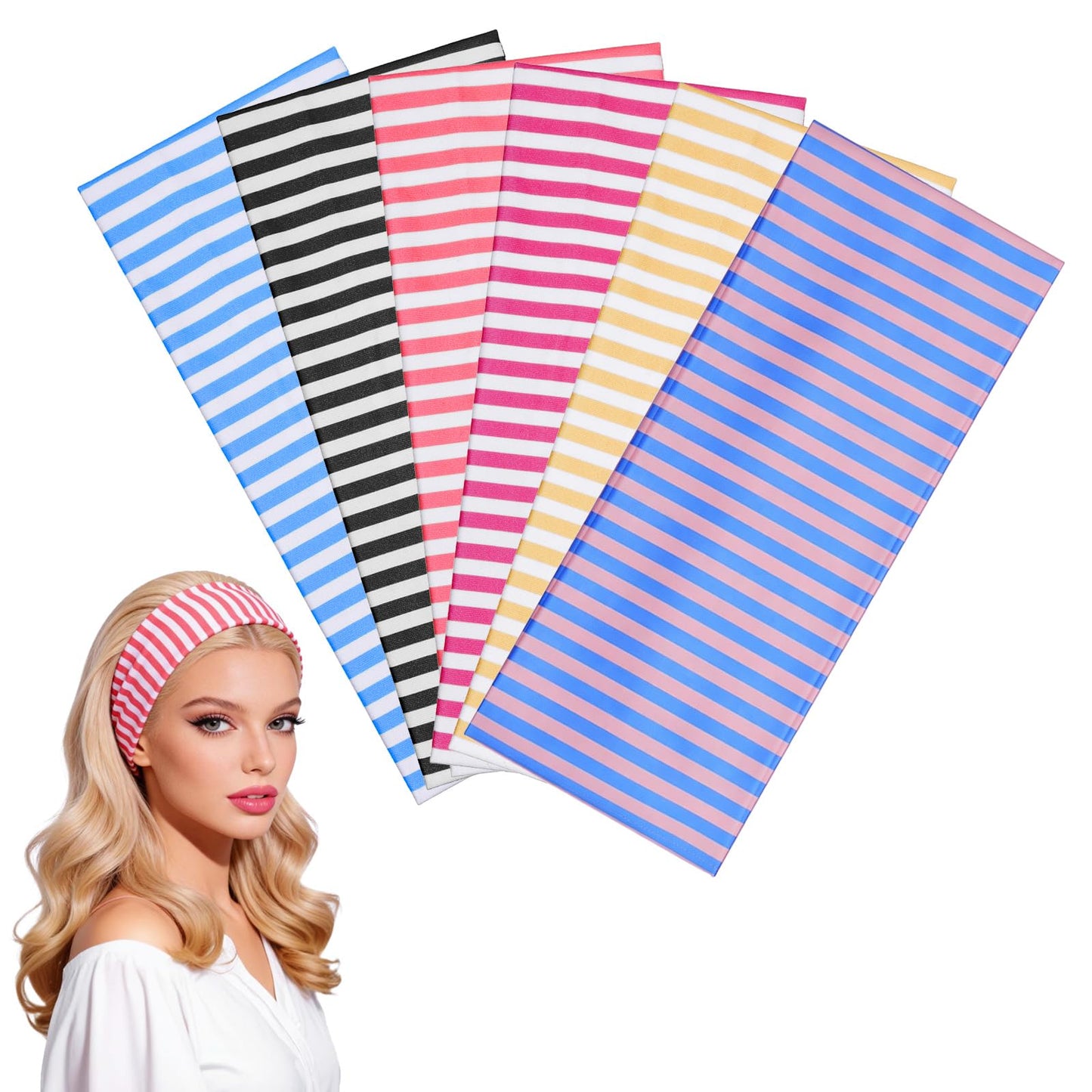 DOPENSPI 6 Pcs Striped Headband for Women, Polyester Elastic Stretchy Hairbands Non Slip Hair Bands Fashion Bandanas Hair Accessories for Sports Head Wraps