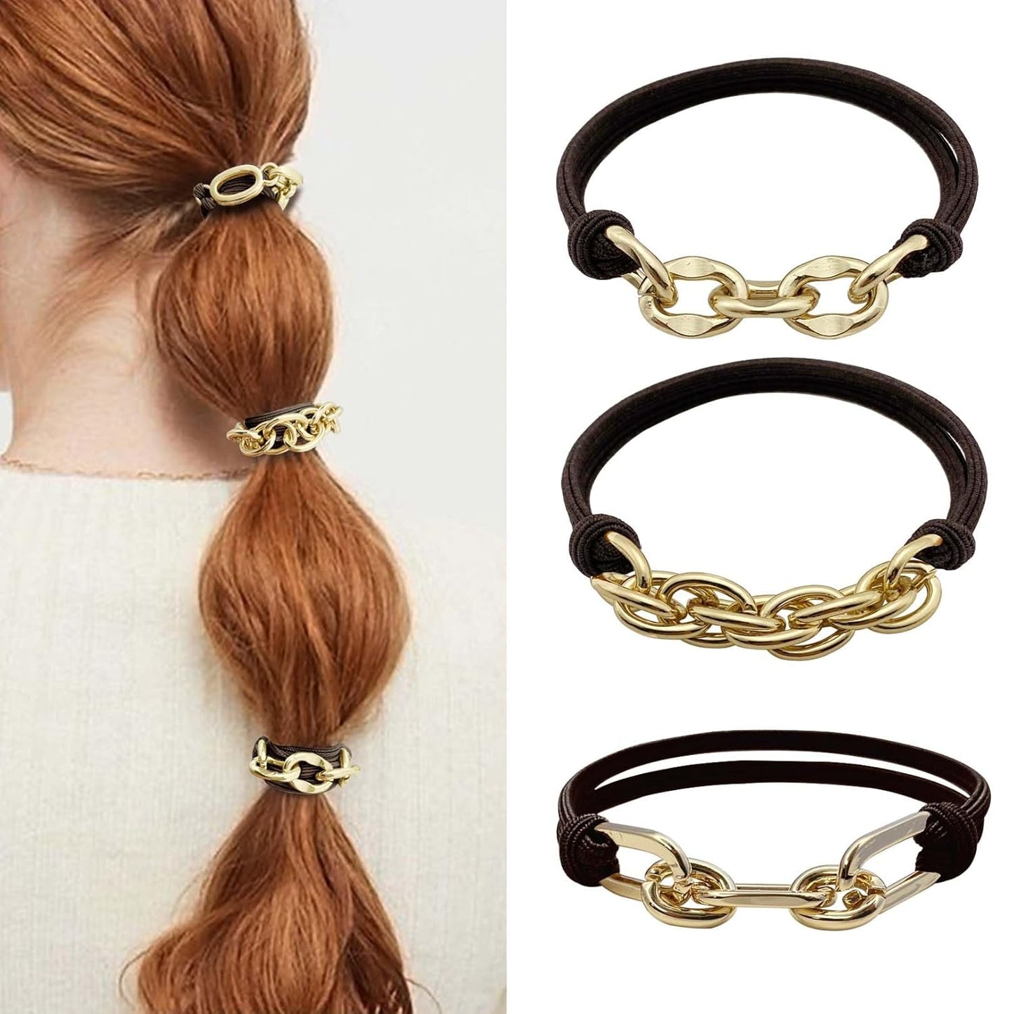 Black Hair Ties for Women - 5 Pack Elastic Ponytail Holders | 3mm Thick, No Damage, Beaded with Gold Charms