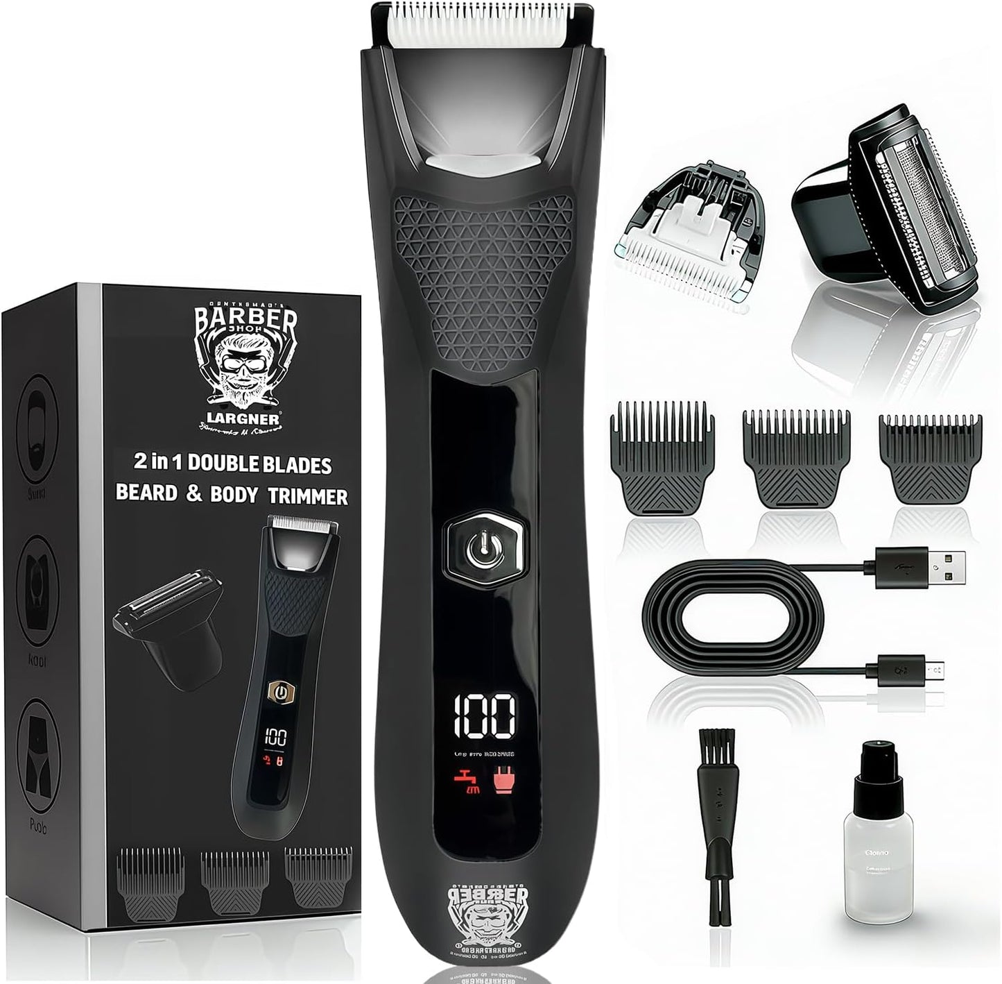 Body Hair Trimmer for Men - 2-in-1 Electric Groomer with Dual-Head Ceramic Blade | IPX7 Waterproof, LED Light