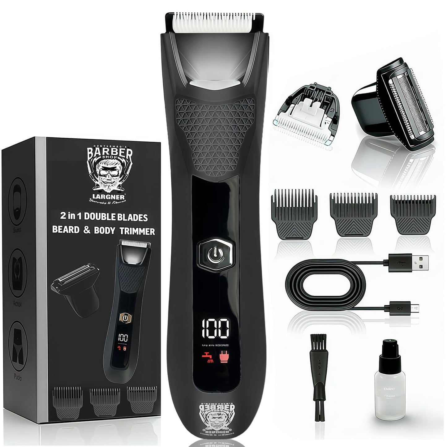 Body Hair Trimmer for Men, 2-in-1 Pubic Hair Ball Trimmer Hair Groomer Hair Shaver with Dual-Head, Ceramic Blade Electric Razor Body Shavers,No-Nick Shaving,IPX7 Waterproof & LED Light