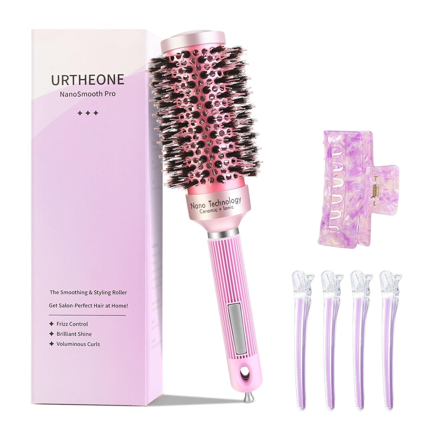 Round Hair Brush - Mixed Boar & Plastic Bristles for Salon-Style | 1.7-Inch Ceramic, Includes 4 Hair Clips