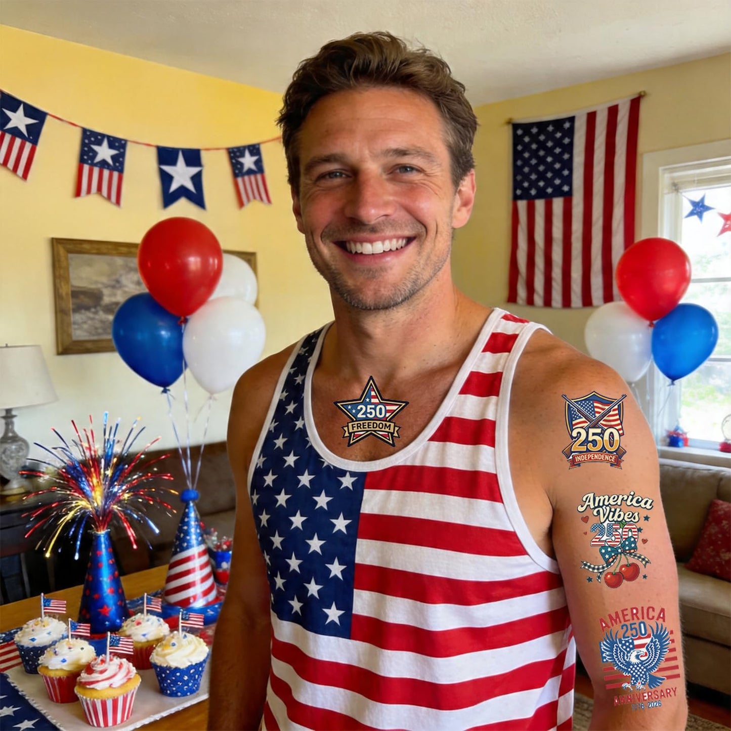250th Anniversary Temporary Tattoos Set-100 pcs 4th of JulyPatriotic USA 1776–2026 Birthday Tattoos for Adults & Teens,America 250 Decorations Independence Day Party Favors