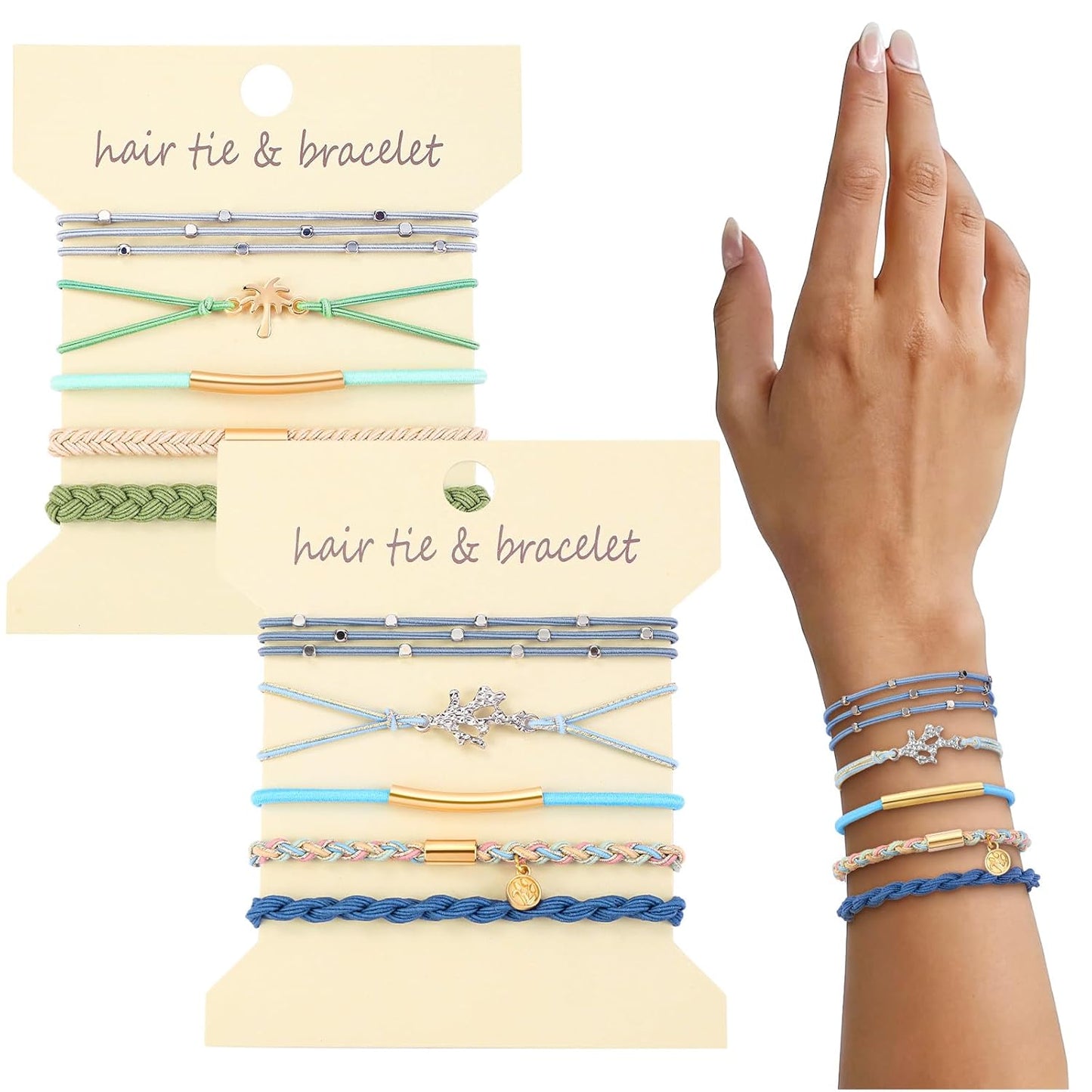 10PCS Hair Ties Bracelet Set - Soft Braided Boho Elastic Hair Bands for Women | Beige & Light Coffee