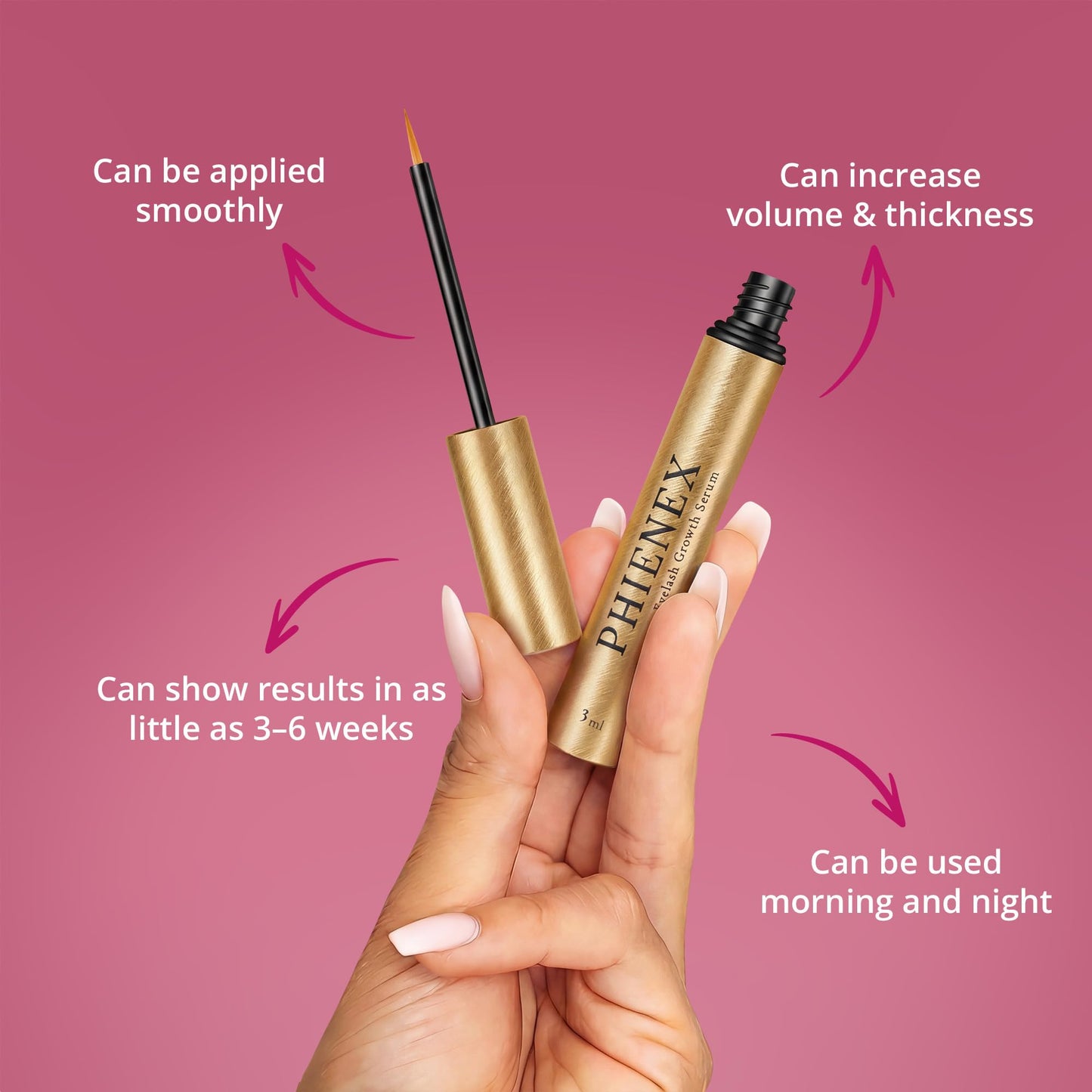 PHIENEX 2026 New Version Lash Serum for Eyelash Growth–7 Day Visible Results, Vegan & Hormone-Free, Botanical Peptide Complex for Longer, Fuller & Thicker Lashes–Gentle for Sensitive Eyes (Purple)