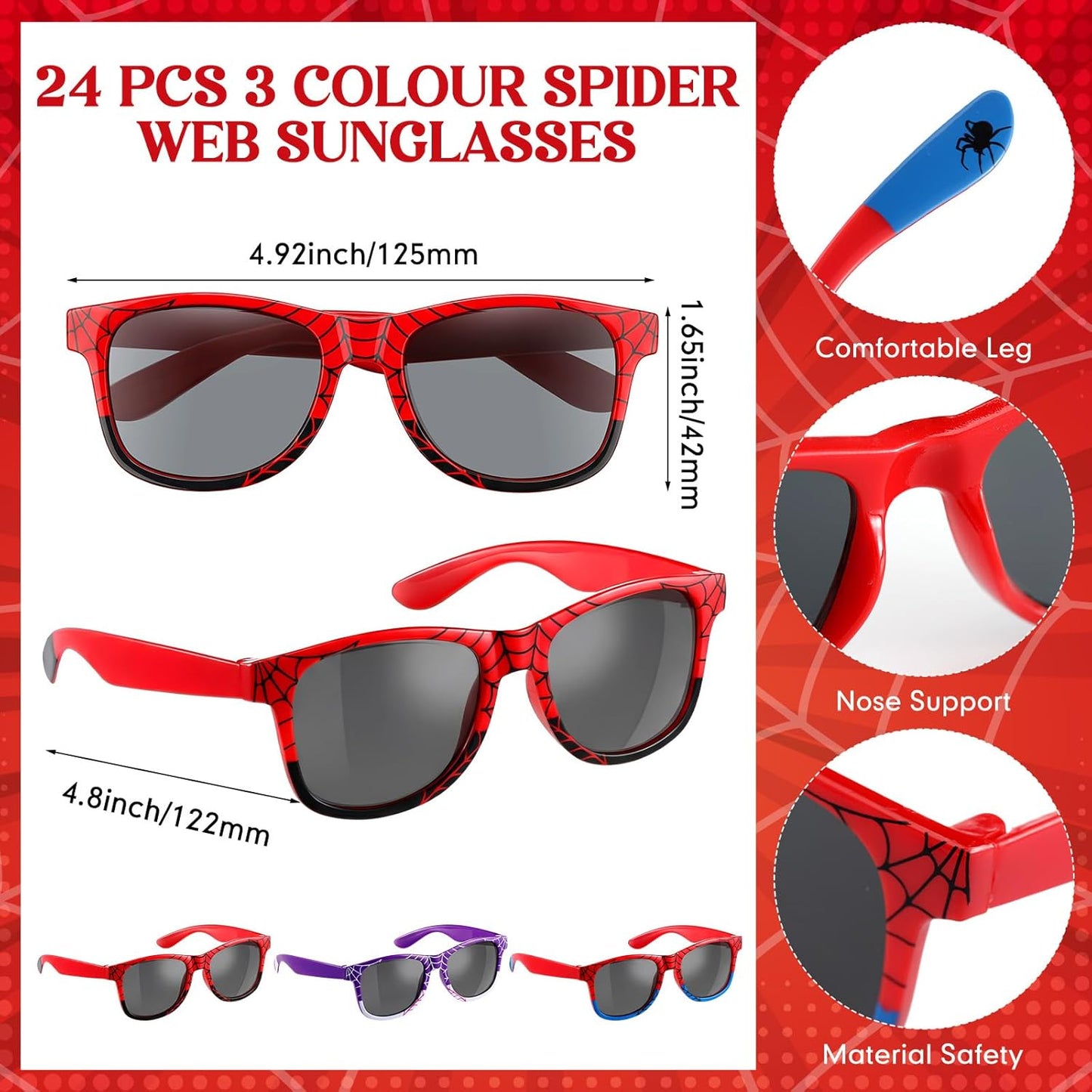Spider Web Sunglasses - 24 Pcs Silicone Wristbands for Spider Birthday Party | Black, Red, Blue