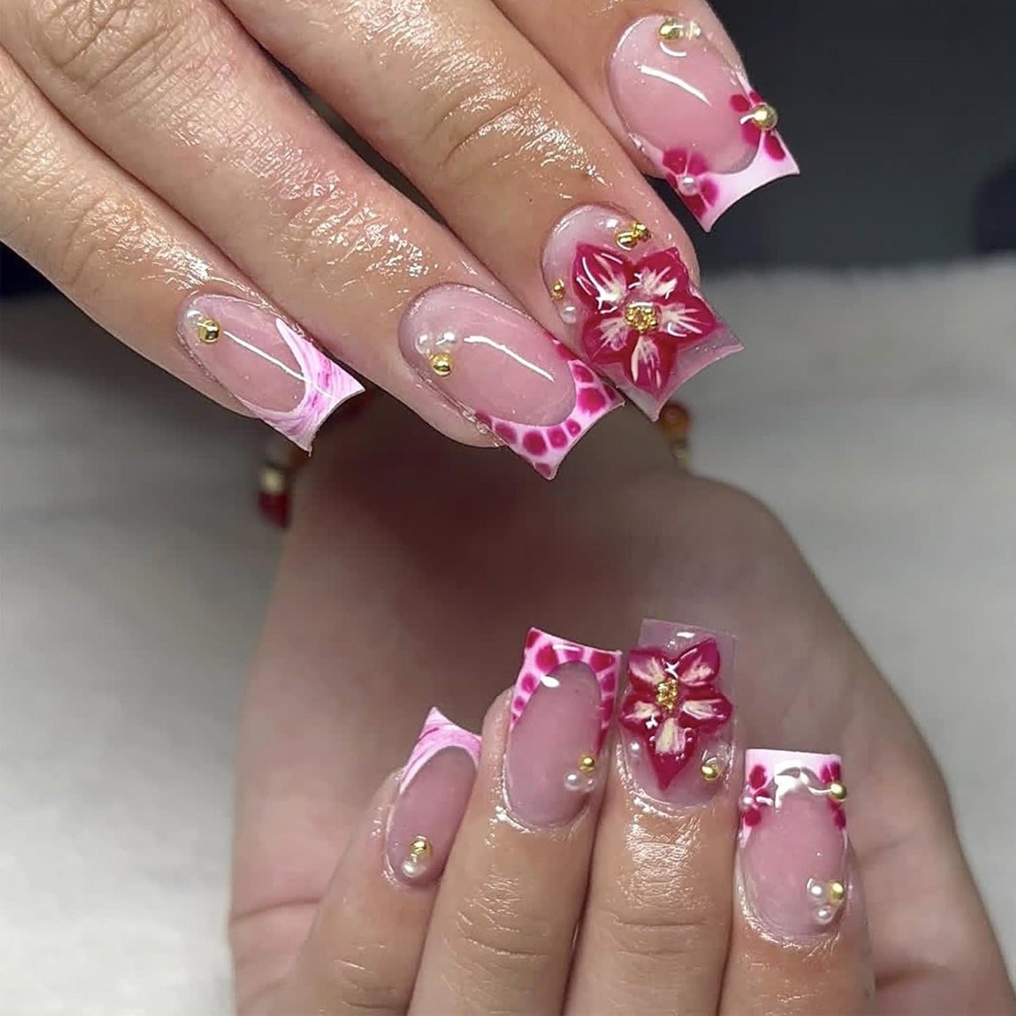 Press On Nails - Pink Flower Medium Square French Tip with 3D Floral Design | 24 Pcs Full Cover Acrylic Nails