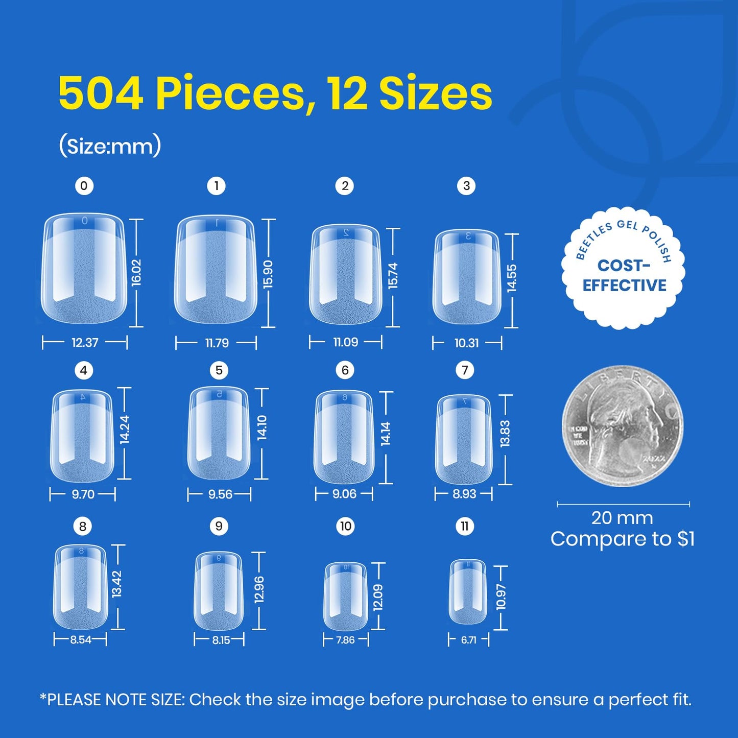 Beetles 504Pcs XS Short Square Nail Tips,12 Sizes Fake Nail Pre Shaped