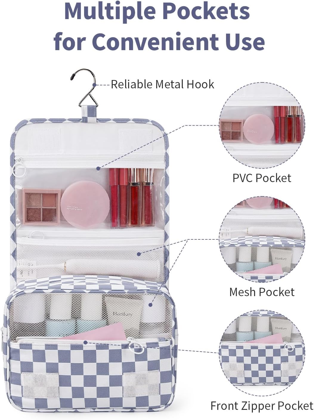 Narwey Small Hanging Travel Toiletry Bag - Checkered Makeup Organizer for Women | Grayish Blue Checkerboard