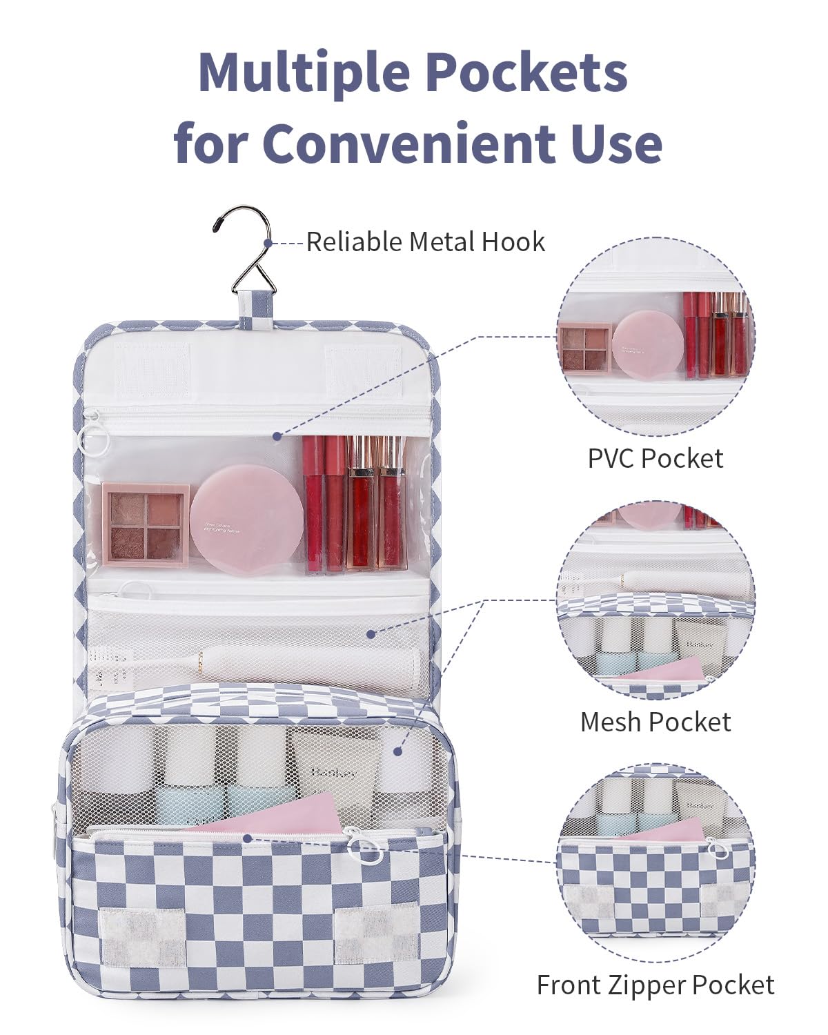 Narwey Small Hanging Travel Toiletry Bag for Traveling Women, Checkered Travel Bag for Toiletries, Makeup Bag Organizer Make Up Cosmetic Bags, Gifts for Kids Teen Girls (Grayish Blue Checkerboard)