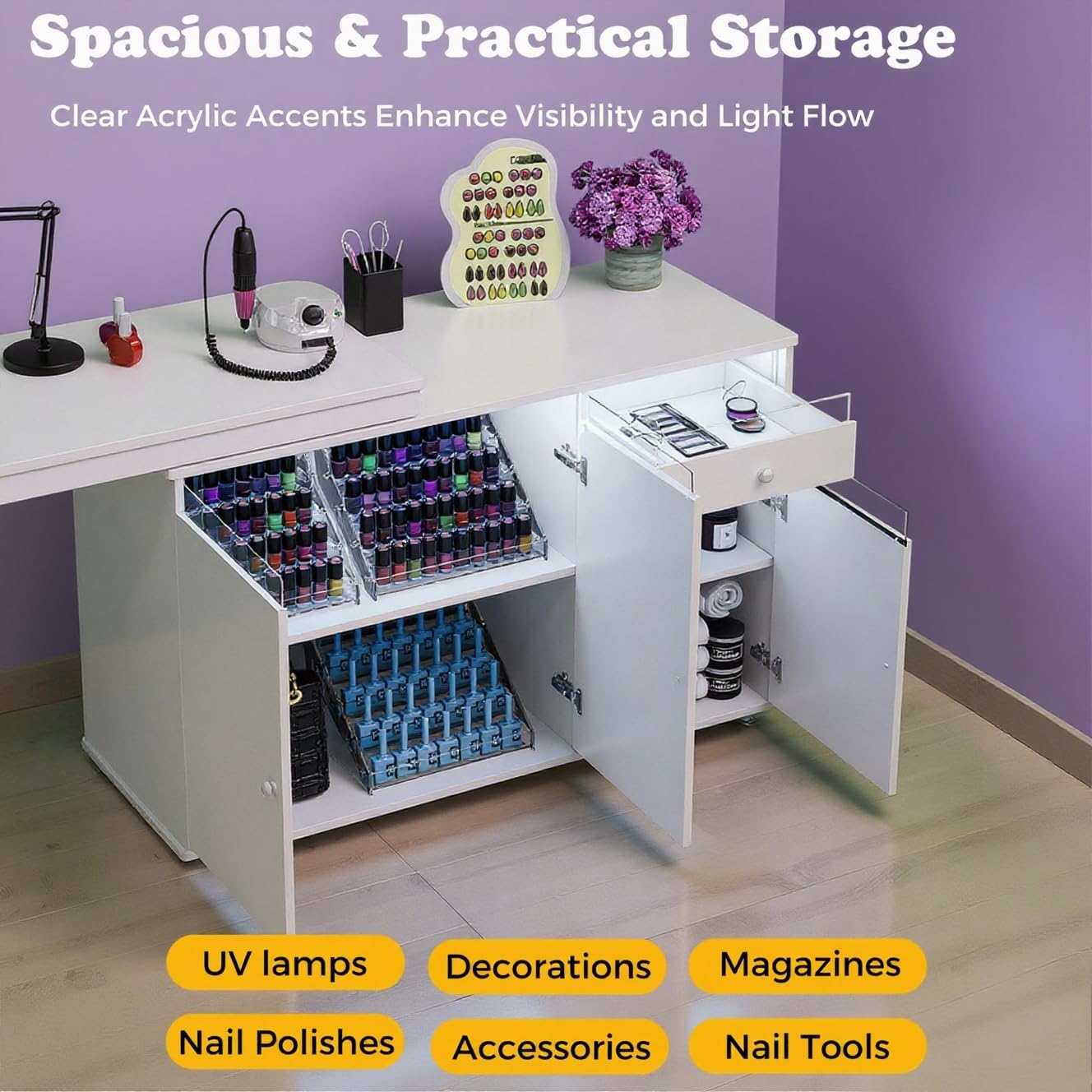 HolaiNail L-Shaped Manicure Table with Dust Collector, Nail Tech Desk with Storage Cabinet, Drawer, Rotating & Convertible Nail Workstation with LED Light, White