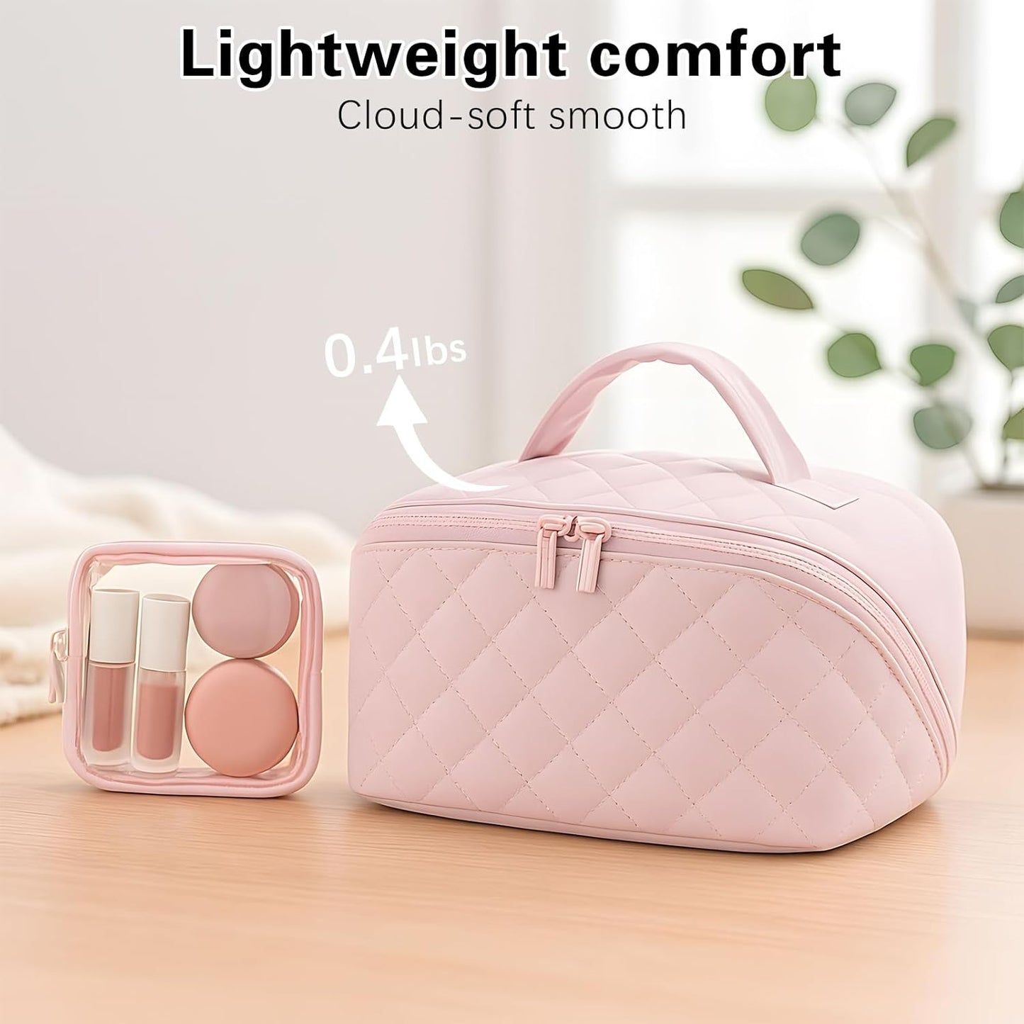 Travel Makeup Bag - Waterproof Padded Cosmetic Organizer for Women | Wide-Open Pouch in Pink