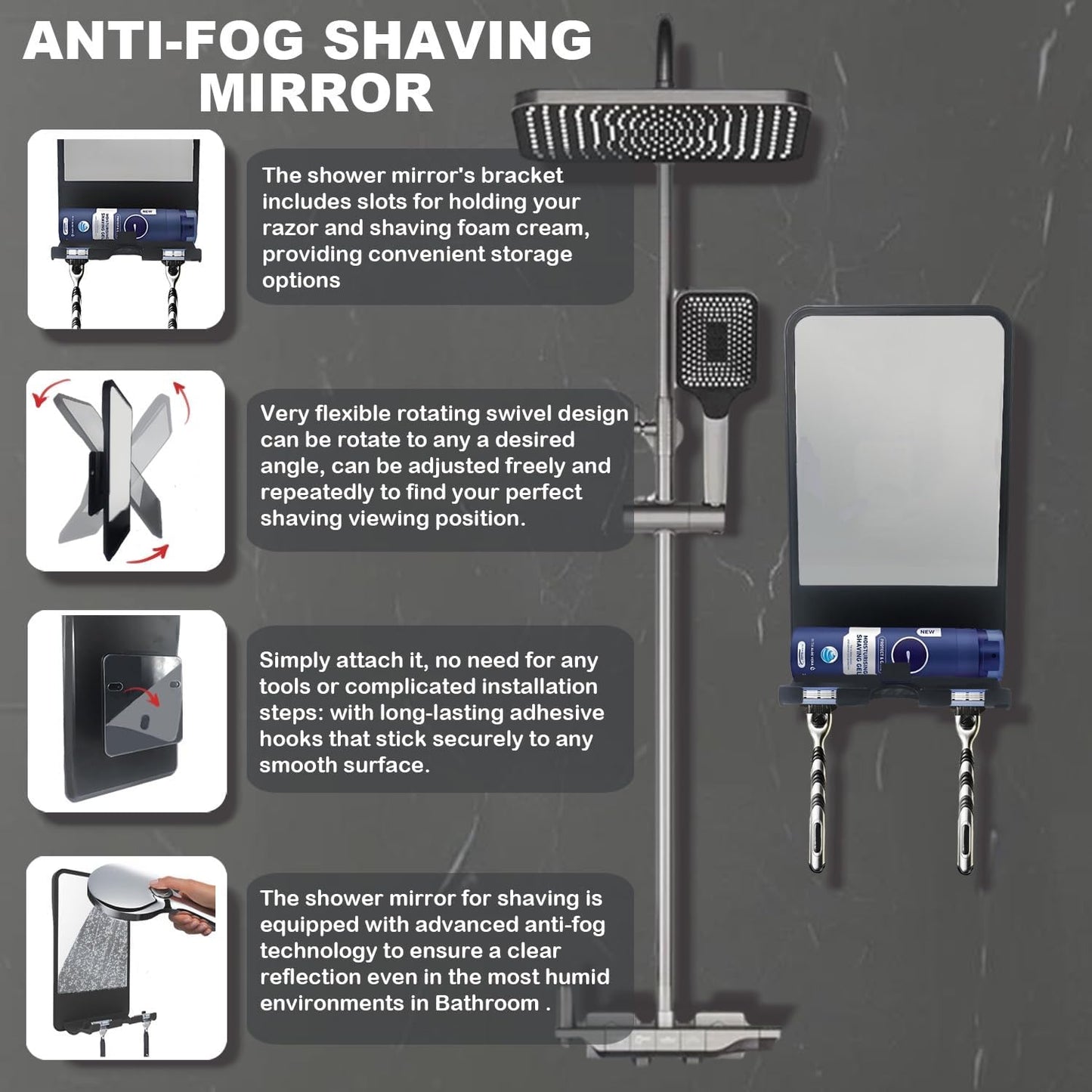 Fogless Shower Mirror for Shaving - Multifunctional Storage for Razor & Foam | Adjustable Angle, Black