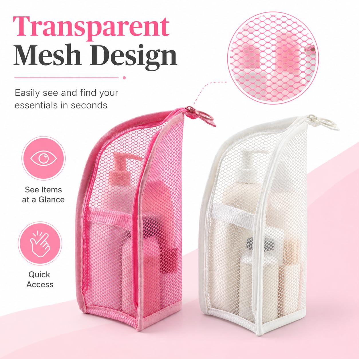 WeUNkey 2 Pcs Standing Toiletry Bag, Portable Lightweight Travel Toiletry Bag, Upright Mesh Organizer Bag Cosmetic Zipper Pouch for Travel, Waterproof Stand Up Toiletry Storage Bag