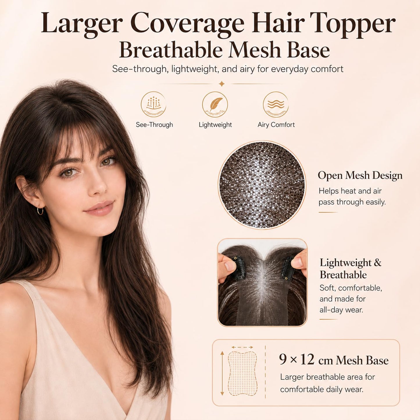 Hair Topper For Women Real Human Hair 10 Inch Super Lightweight Invisible Base Toppers Hairpieces for Women with Thinning Crown Fluffy Breathable for Summer Daily Wear(Dark Brown, French Bangs)