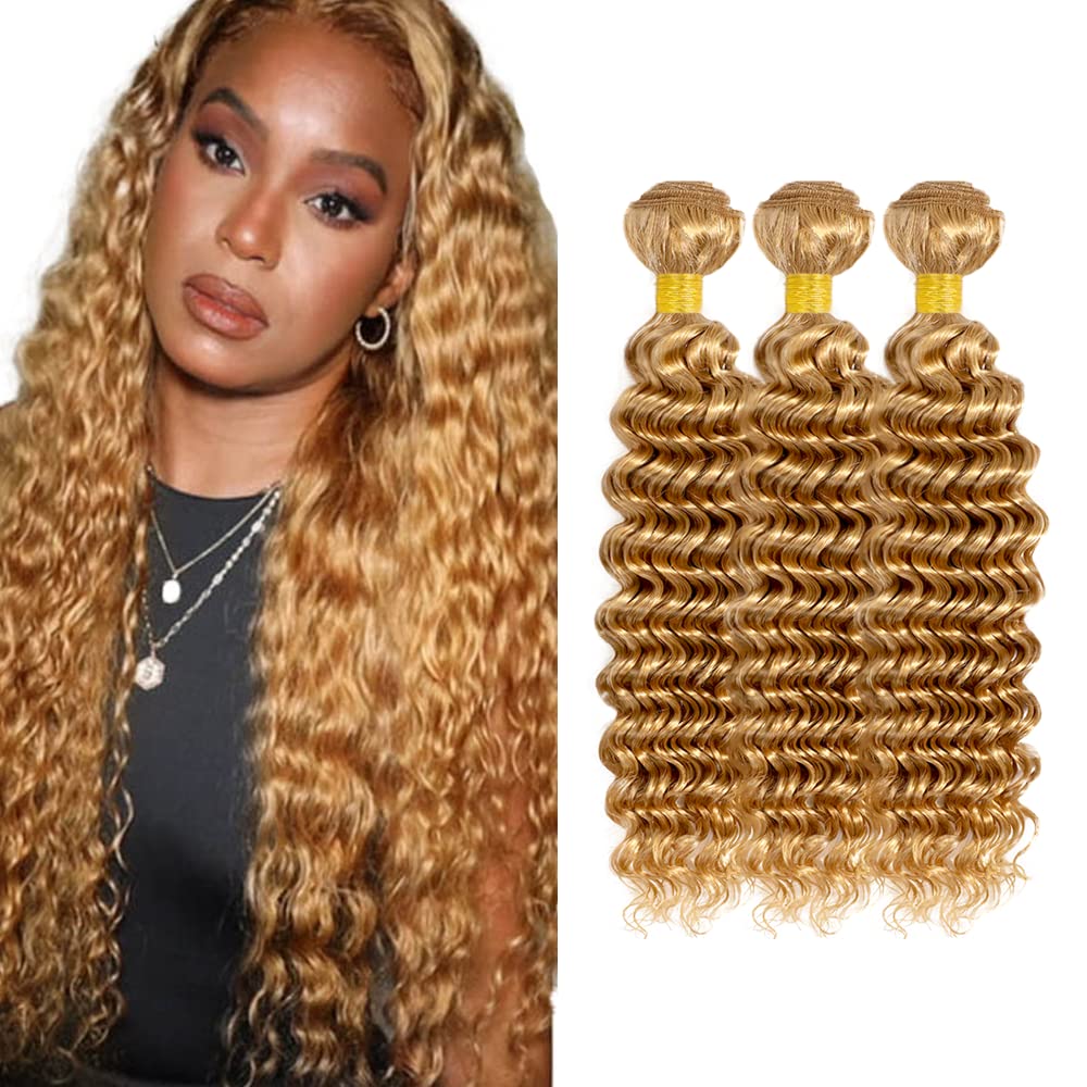 300g Blonde Human Hair Bundles Color #27 Deep Wave Bundle #27 Bundle Human Hair 22 24 26 inch 3 Bundles