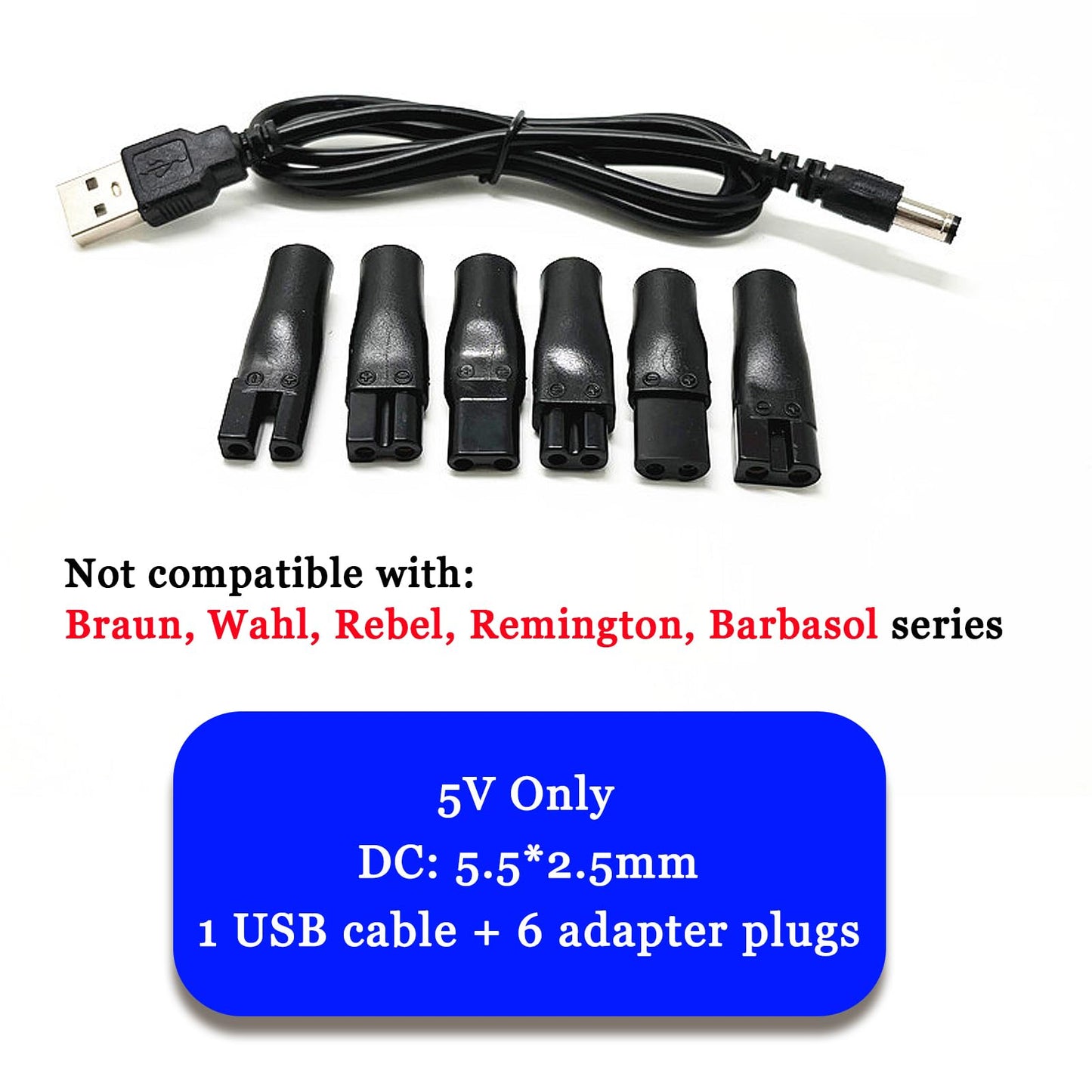 5V Charger Cord USB Adapter for Electric Hair Clippers, Beard Trimmers, Shavers, Beauty Instruments, Electric Hairdressers, Desk Lamps, Purifiers Power Supply Charging Cable 7 PCS Set