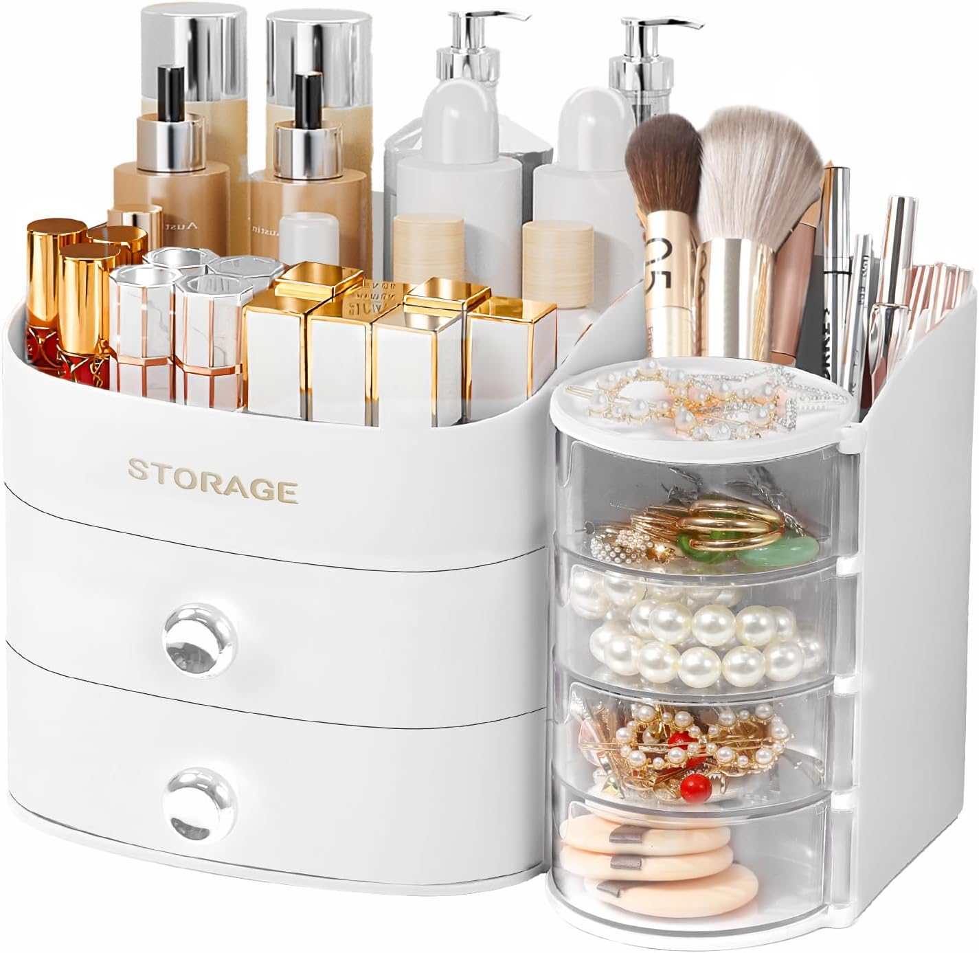 Makeup Organizer for Vanity - Skincare & Cosmetic Storage with Drawers | Brush Holder, Lipstick, Jewelry - White