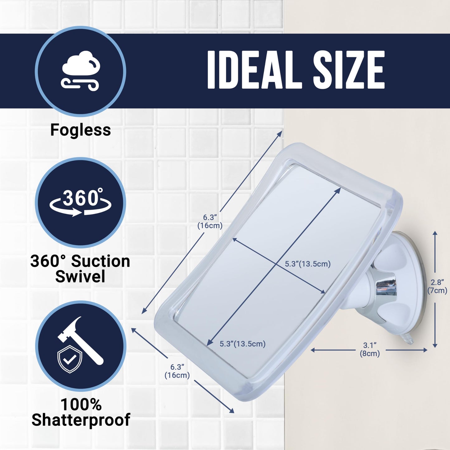 MIRRORVANA Fogless Shower Mirror for Shaving with Upgraded Suction, Anti Fog Shatterproof Surface and 360° Swivel - 6.3" x 6.3"