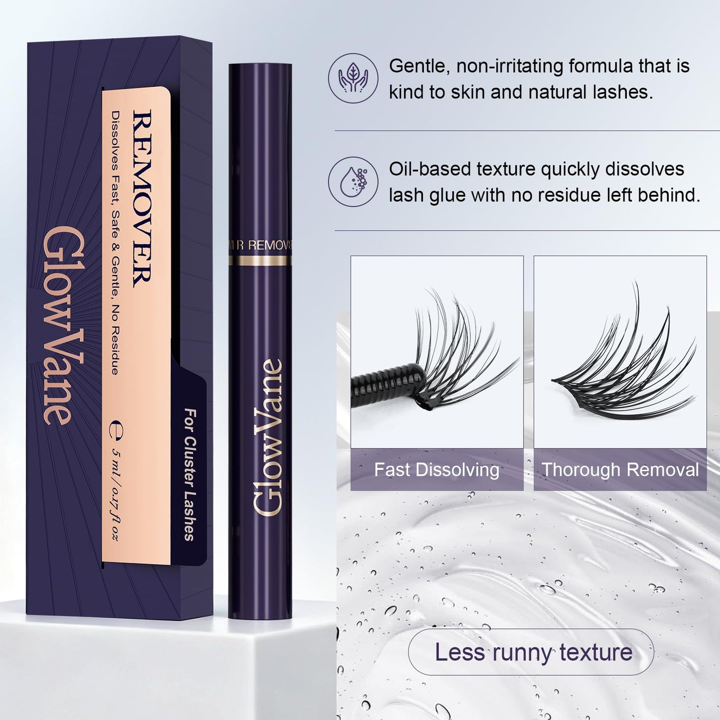 GlowVane Lash Remover for Lash Extensions, Eyelash Glue Remover for Lash Clusters, Gentle Lash Cluster Remover for Bond and Seal Lash Glue, DIY Non-irritating Cluster Lash Glue Remover at Home (5ml)