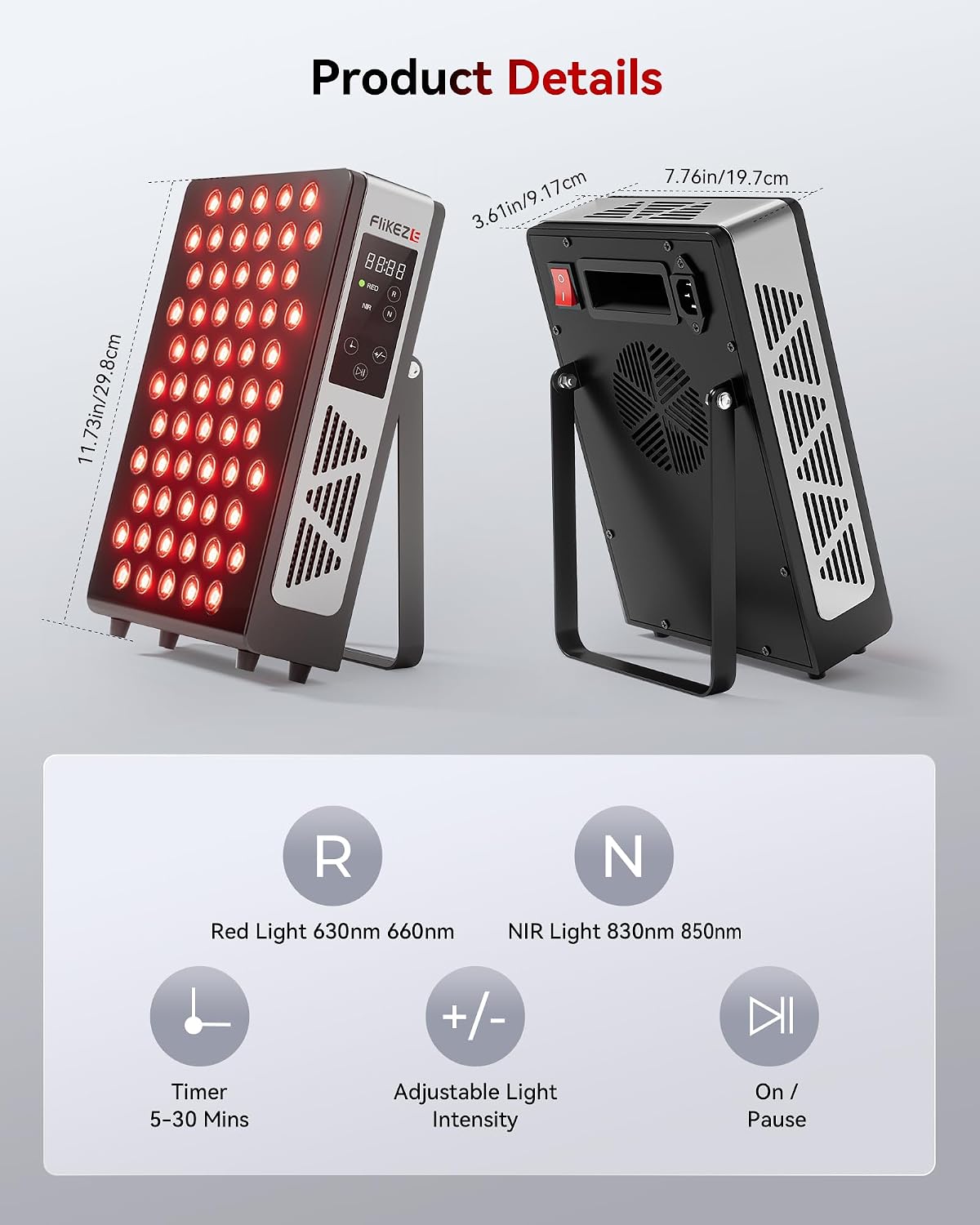FLIKEZE Red Light Therapy Panel - 4-Chip 630nm/660nm/830nm/850nm | Dimmable, Timer & 3 Modes for Body and Face