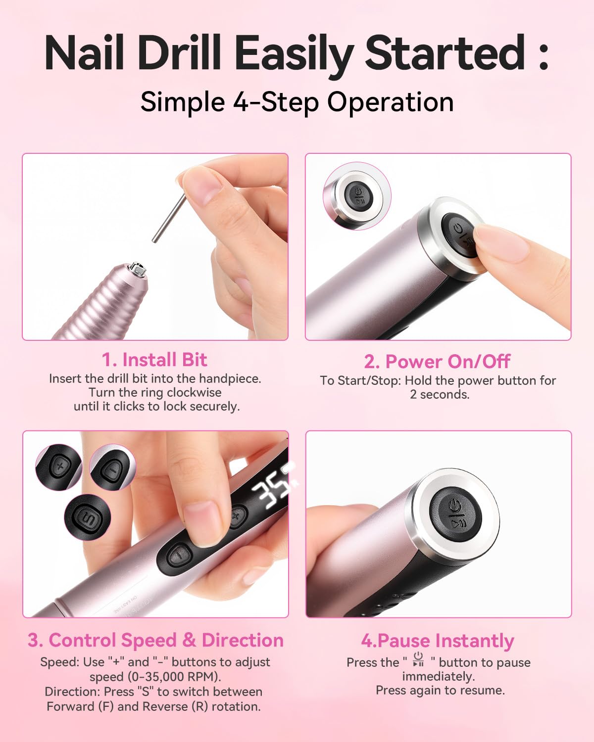 Electric Nail Drill - Rechargeable 35000 RPM Professional Efile | Cordless Nail Machine for Acrylic Gel Polish, Lightweight & Portable