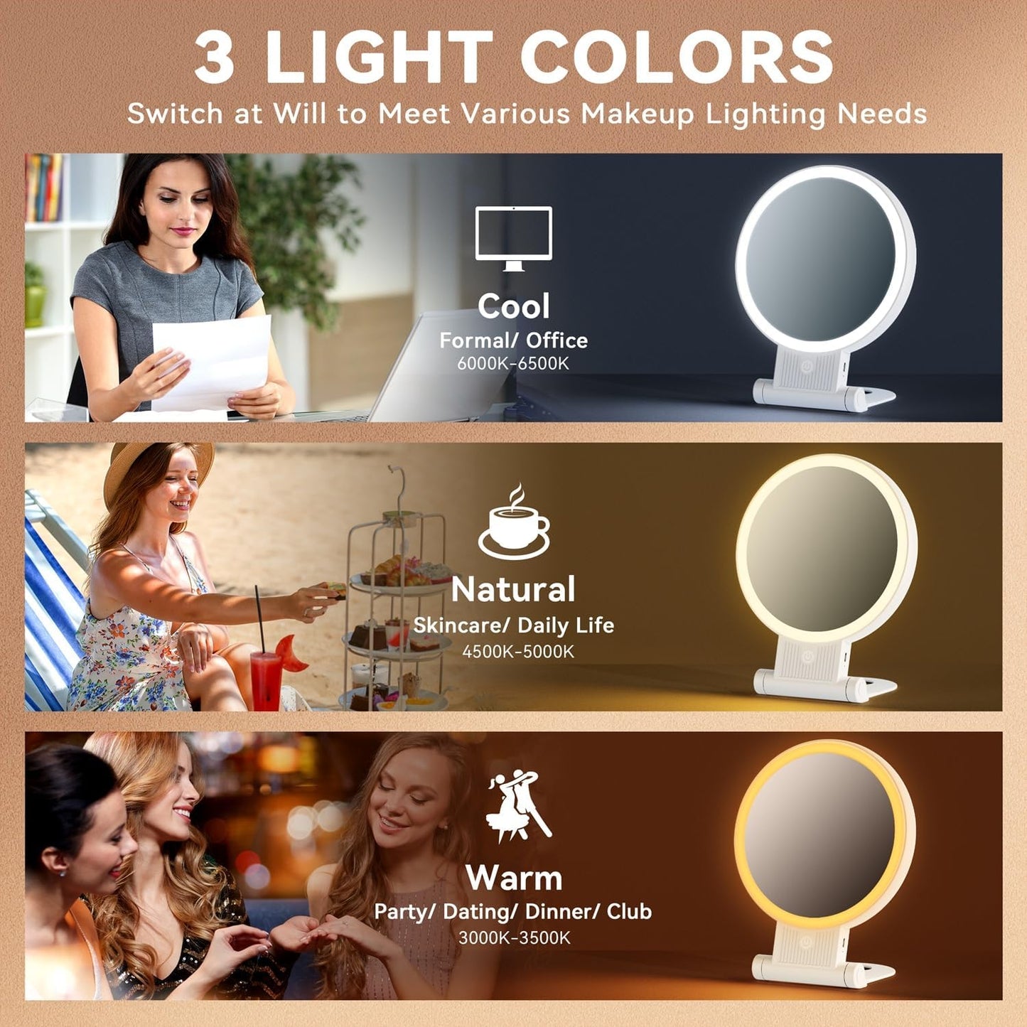 Auxmir 1X/30X Magnifying Makeup Mirror - Lighted, Double-Sided with Adjustable 3-Color Lighting | Rechargeable & Foldable Travel Design