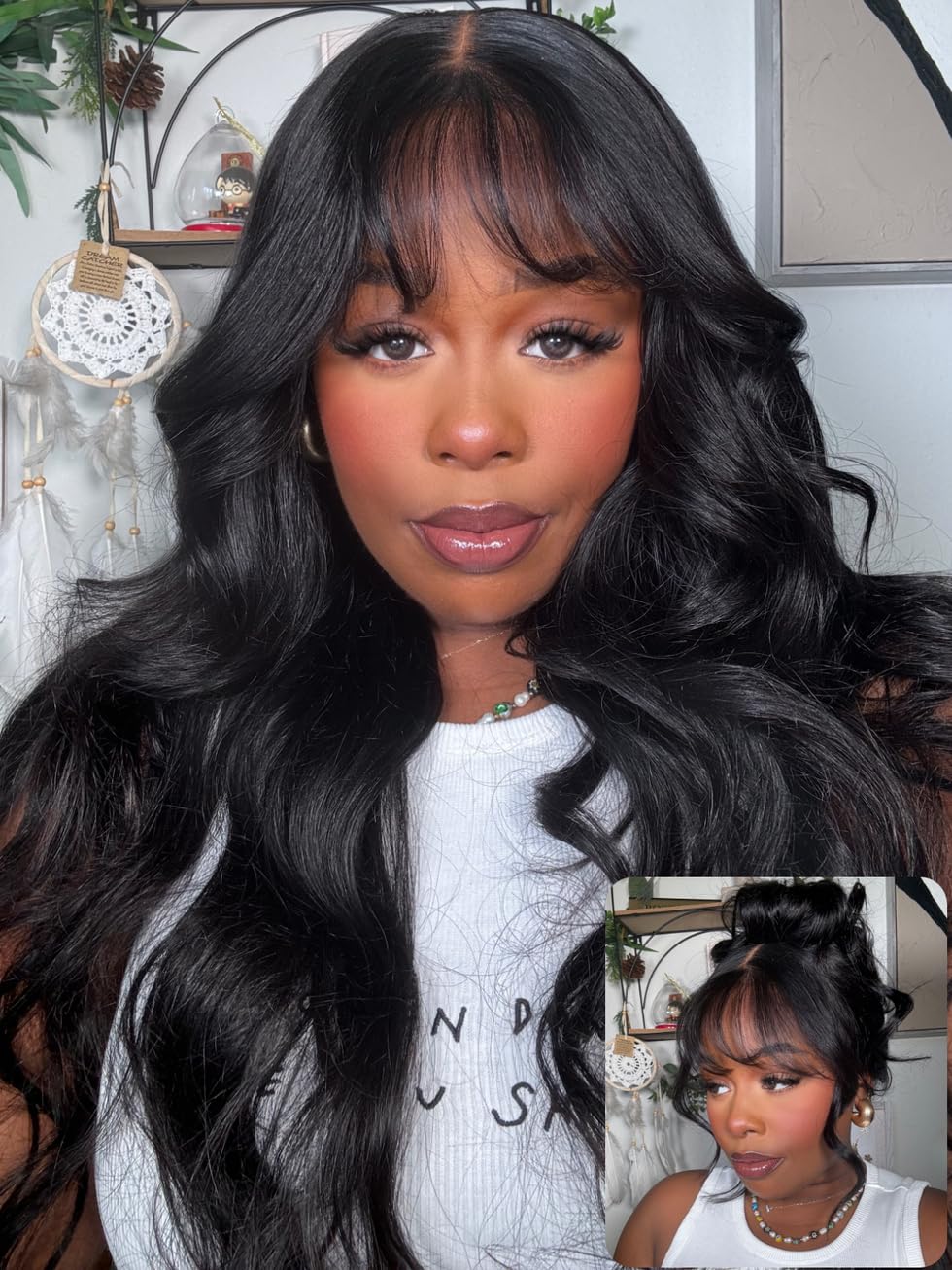 UNICE Pre Everything Body Wave 13x4 Lace Front Wigs Human Hair with Bangs Glueless Wig Human Hair Pre Plucked Pre Cut Lace Bleached Knots Ready to Wear Frontal Wig Black Color 18 inches
