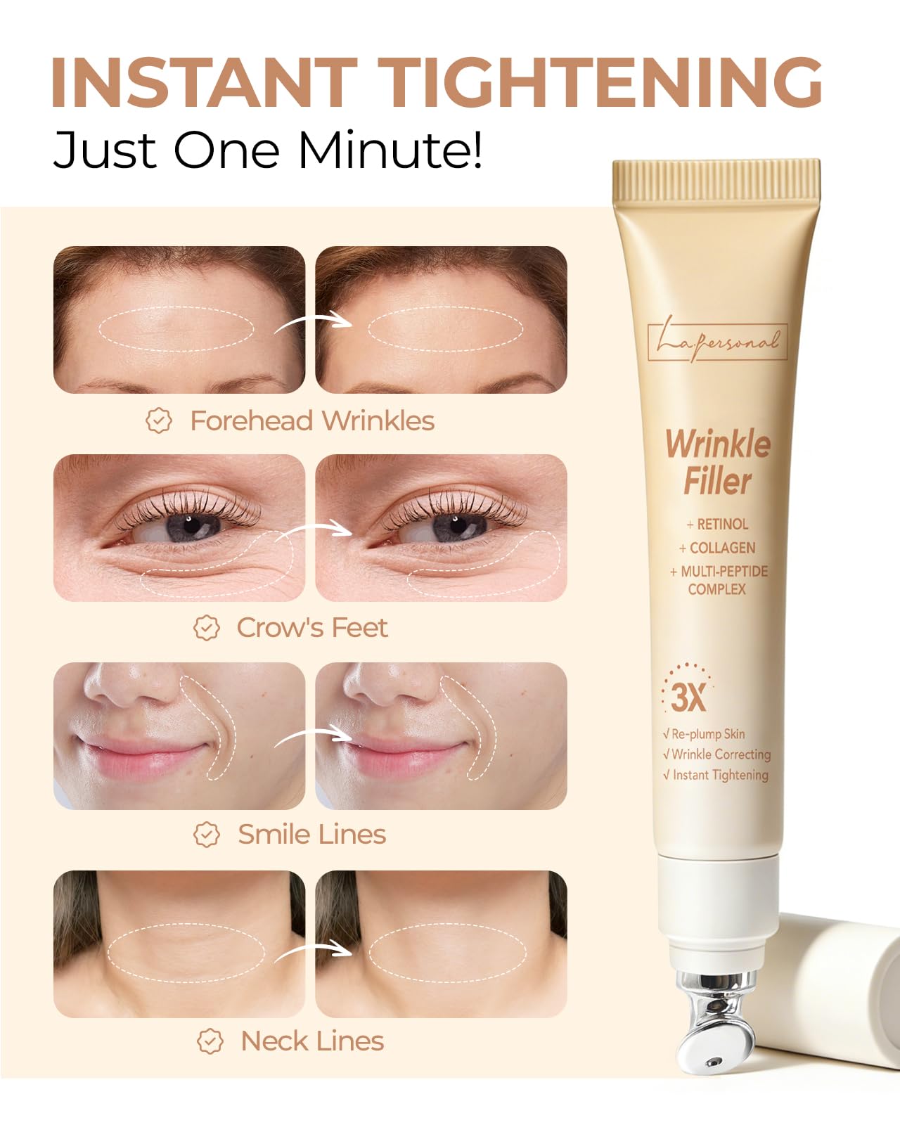 LA.PERSONAL Wrinkle Filler for Deep Wrinkles & Fine Lines, Instant Eye Face Lift Cream, Rapid Under Eye Bags Smile Lines Puffiness with Collagen & Multi-Peptide Complex 0.53 Oz