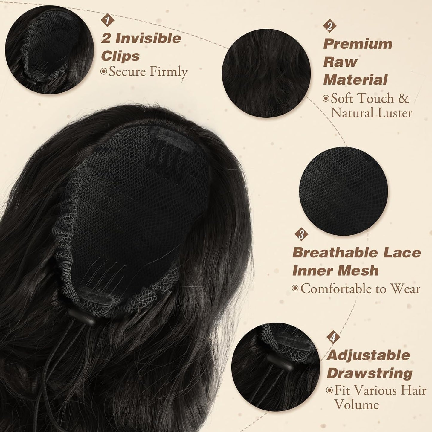 Black Wavy Drawstring Ponytail Extension - 26 Inch Synthetic Hairpiece for Natural Volume | Perfect for Black Women