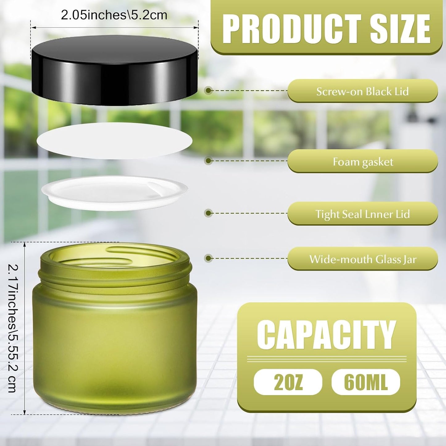 32 Pcs 2 oz Glass Jars - Leakproof Travel Size Cosmetic Containers for Makeup, Creams & DIY (Pea Green)