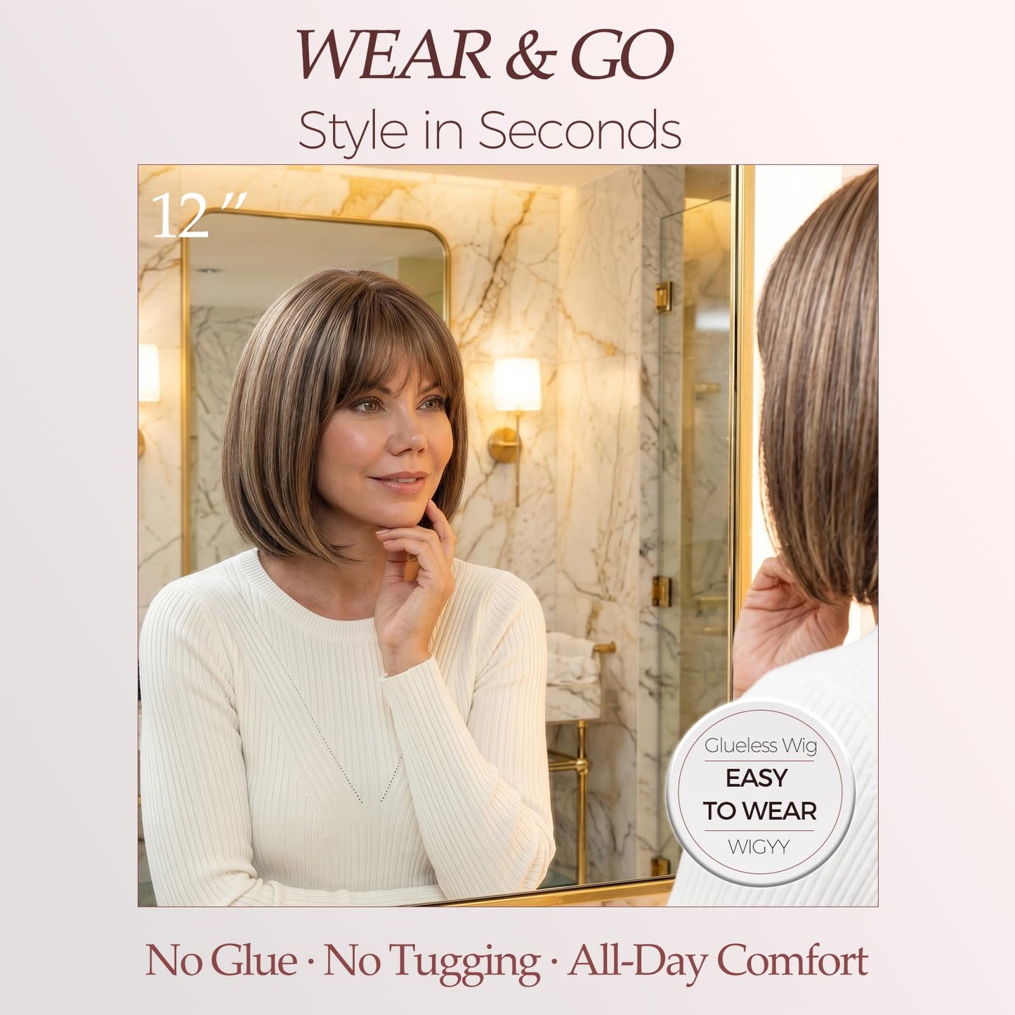 WIGYY Honey Brown Short Bob Wig with Bangs for White Women – 12 Inch Straight Lace Front Synthetic Wig, Glueless Heat-Resistant Protein Fiber, Realistic Lightweight Daily Party Wear