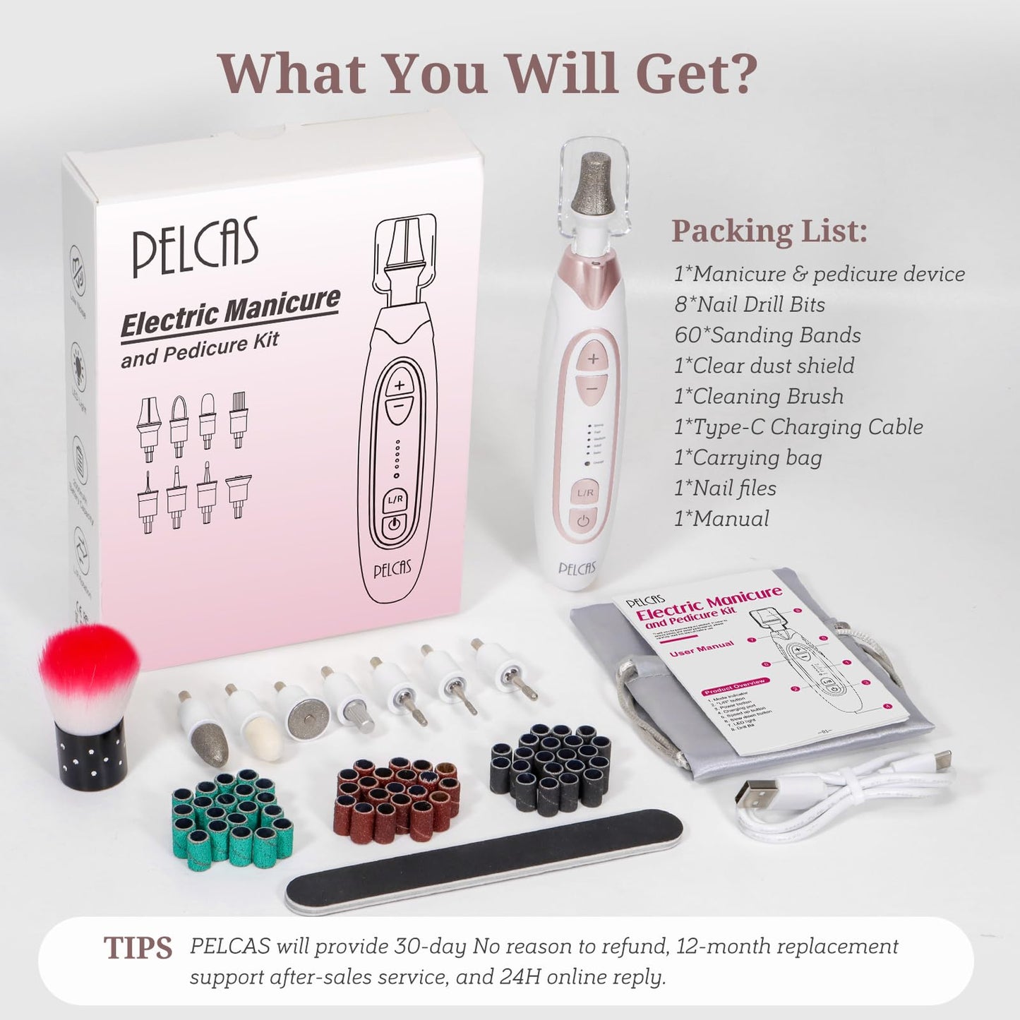 PELCAS Electric Nail File, 5 Speeds Nail Grinder for Thick Toenails, Cordless Nail Drill, Manicure and Pedicure Kit with LED Light, Toenail Grinder for Human, Thick Toenails, Natural & Acrylic Nails