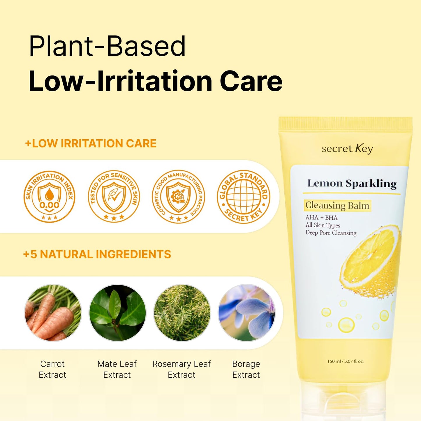 SECRETKEY Lemon Sparkling Cleansing Balm, Lemon Extract with AHA & BHA, Gentle Exfoliating and Hydrating Makeup Remover, Helps Cleanse Pores and Remove Impurities, Korean Skincare (5.07 fl oz / 150ml)