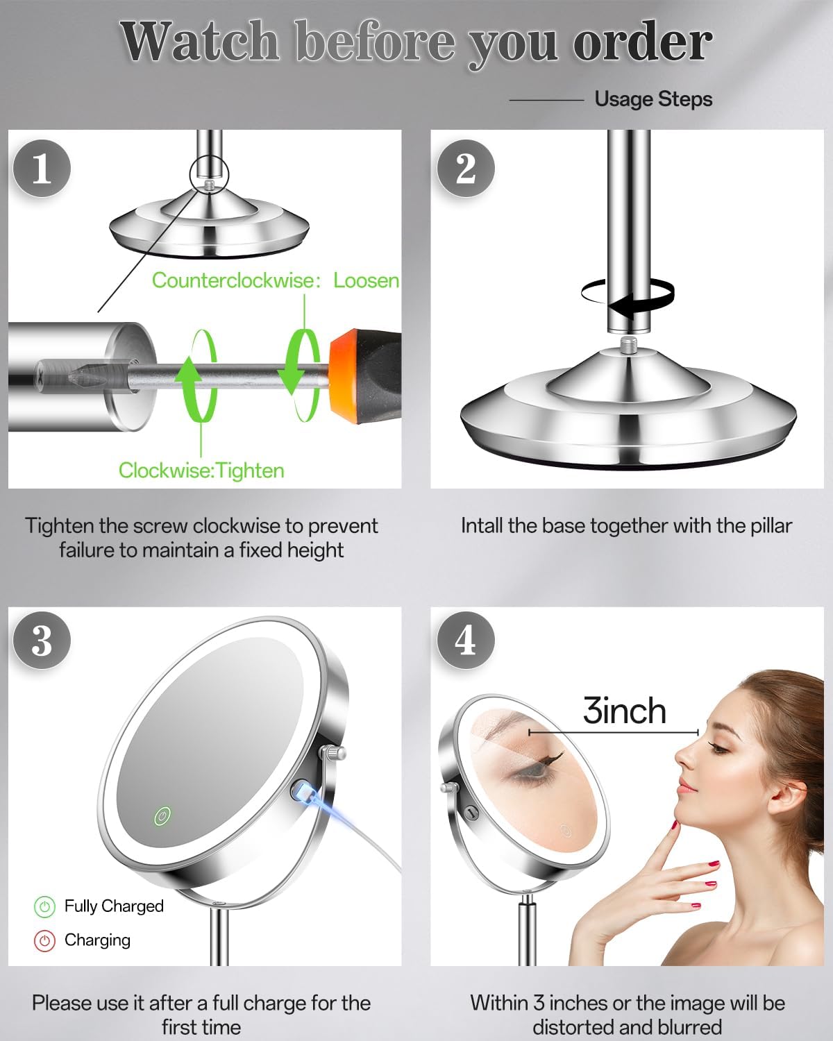 Lighted Makeup Mirror with Adjustable Height - 1X/30X Magnifying, 3000mAh Rechargeable, Dual-Sided Vanity Mirror with 3 LED Lighting Options | Perfect Gift for Women