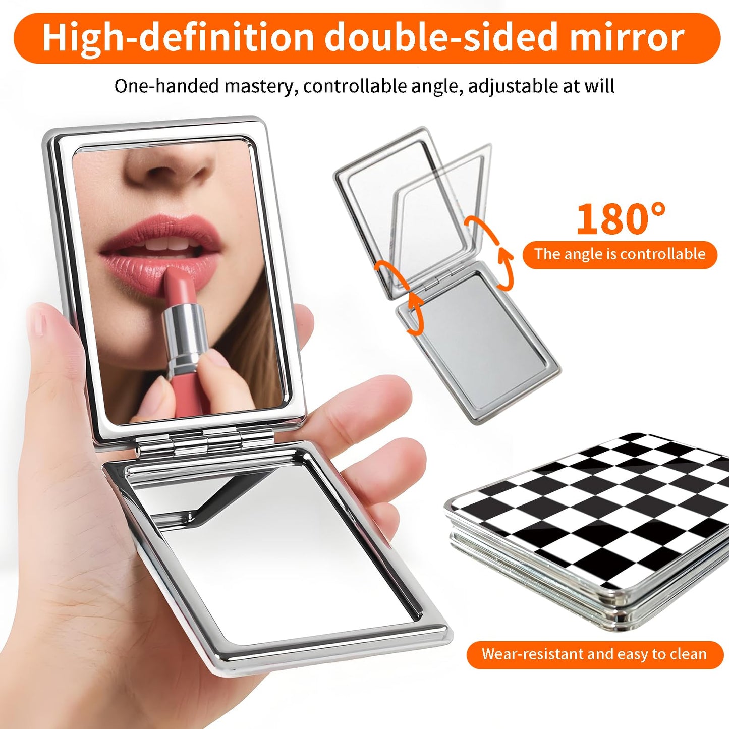 POTYHDC Compact Pocket Mirror, Cute Travel Mini Mirror with Magnification, Foldable Double-Sided Portable Cosmetic Mirror for Men, Women Black White Checkers