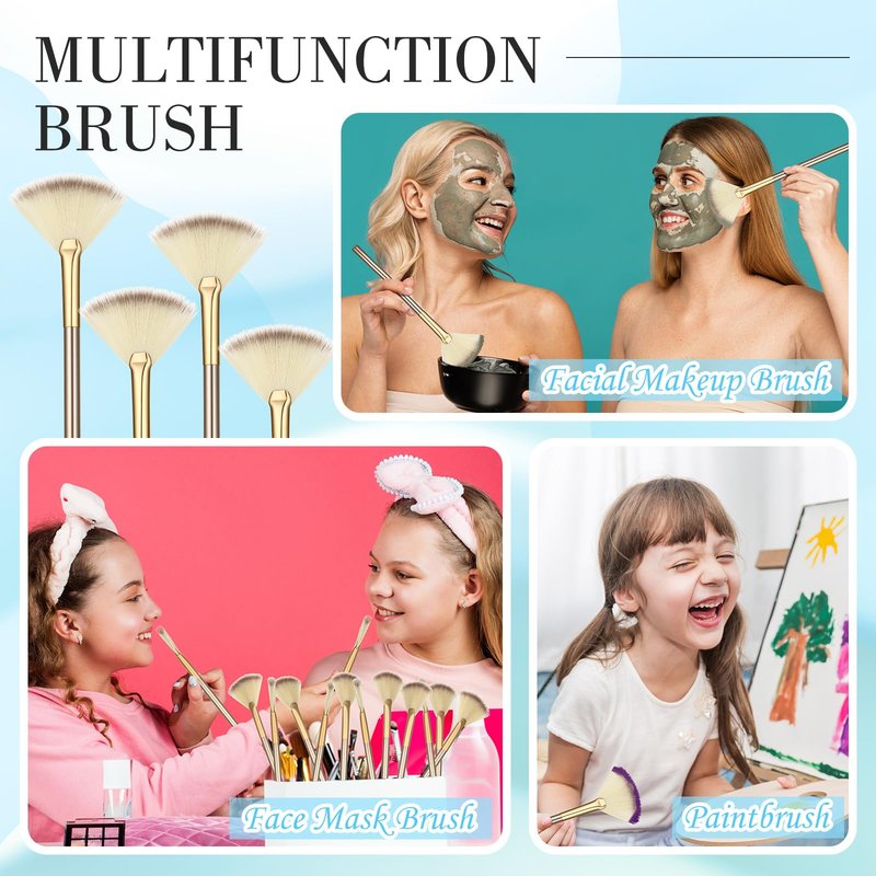 Ziliny 12 Pcs Soft Facial Fan Brush Blush Makeup Brush Face Mask Acid Applicator Multi Use Cosmetic Tools for Peel Mask Makeup for Mud Cream(Champagne)