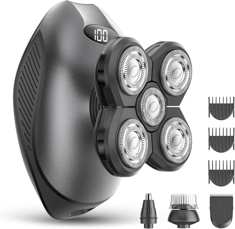 Electric Razor for Men, 5-in-1 Multi-Function Electric Shavers for Men, IPX7 Waterproof Bald Head Shaver with LED Display, Rechargeable Beard Trimmer Body Hair Trimmer, Ideal Gifts for Husband (Black)