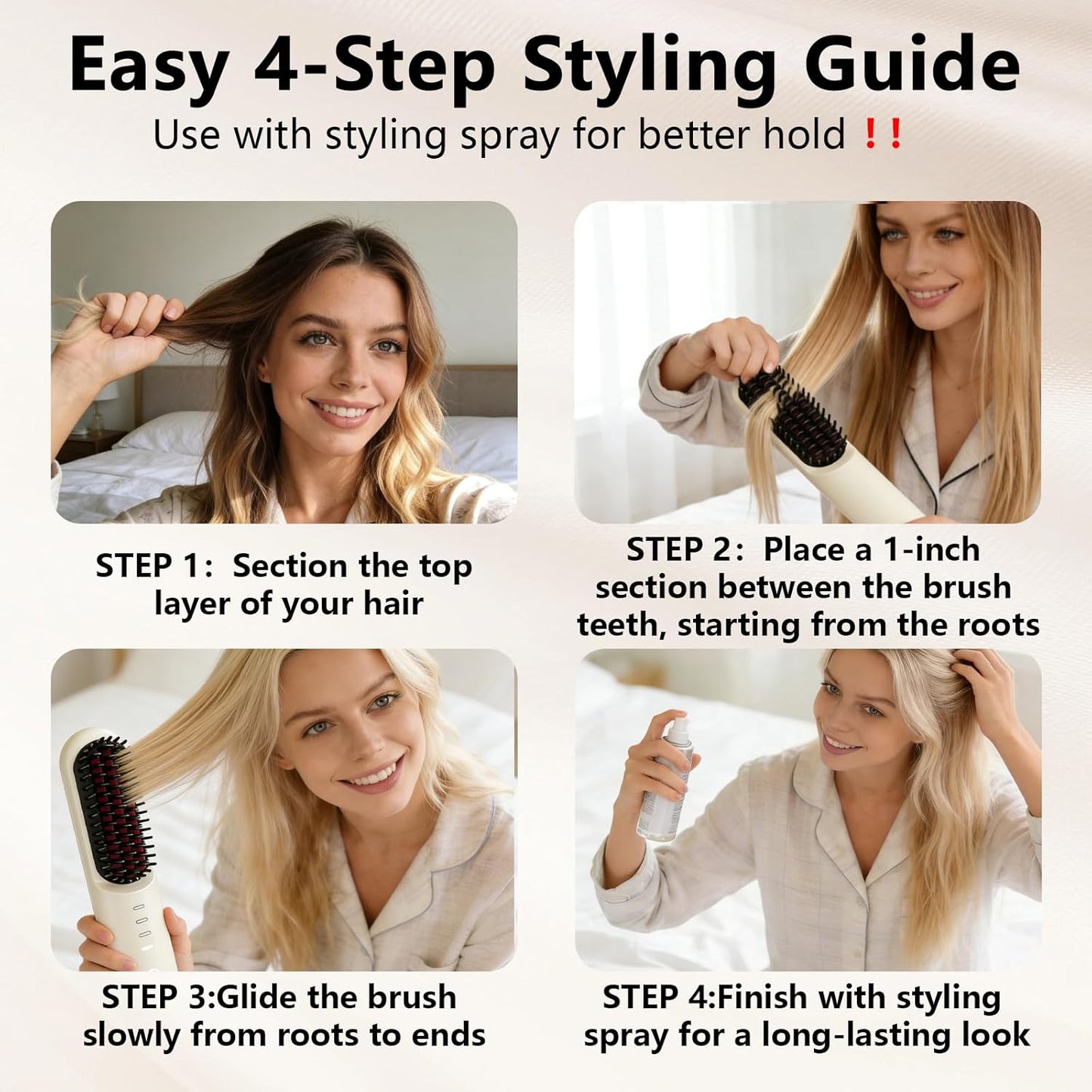 Go Brush Pro Cordless Hair Straightening Brush - 2026 Upgrade, 4 Temp Settings, Fast Heat | Frizz-Free Styling (Beige)