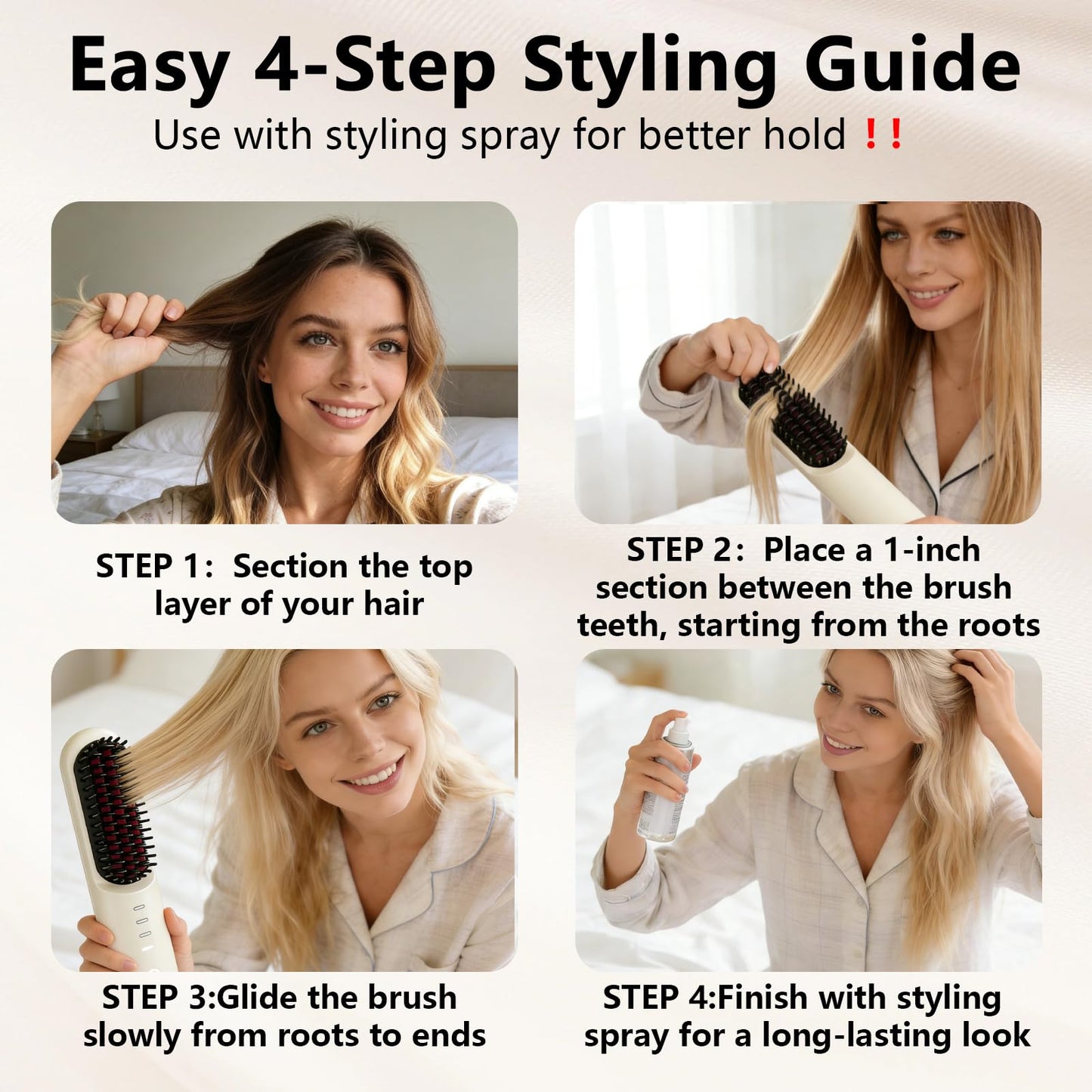 Go Brush Pro for Short Hair - 2026 Upgraded Cordless Hair Straightening Brush, 4 Temperature Settings, Fast Heat, MCH Ceramic Care, 4000mAh Rechargeable Straightener for Frizz-Free Styling（Beige）