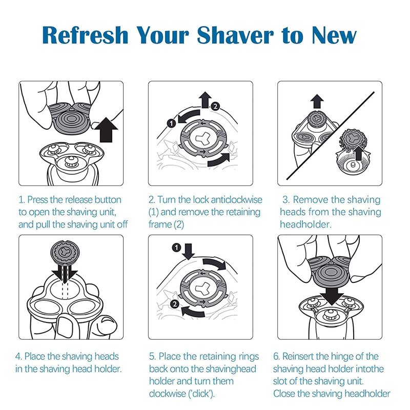 Gleway SH60 Replacement Heads Compatible with Philips Series 6000 S6xxx, S6880/81, S6810/82, S6850/85,Compatible with Norelco Shaver Cleaning Brush S6xxx Series 6Pcs with Cleaning Brush
