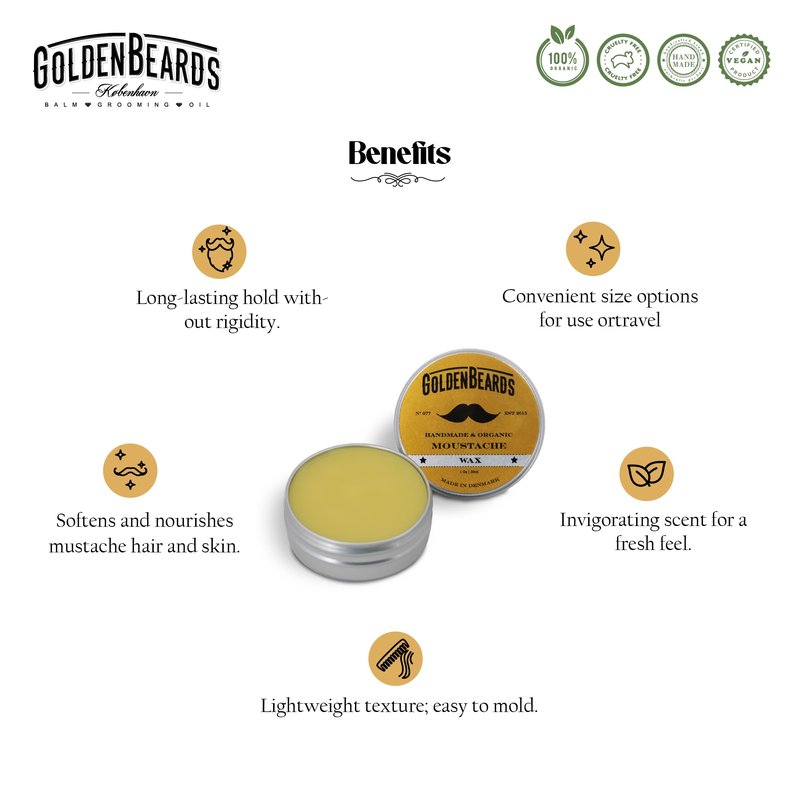 Golden Beards Mustache Wax – Organic & Natural Medium Hold Styling Wax for Men, Nourishing Beeswax & Oils, Handmade in Denmark 30ml (1oz)