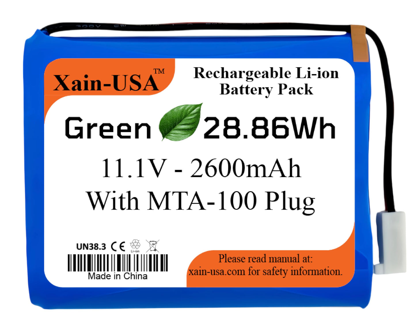 Xain-USA 11.1V 2600mAh Li-ion Replacement Battery Pack with MTA-100 / KF2510 2-Pin Female Plug.