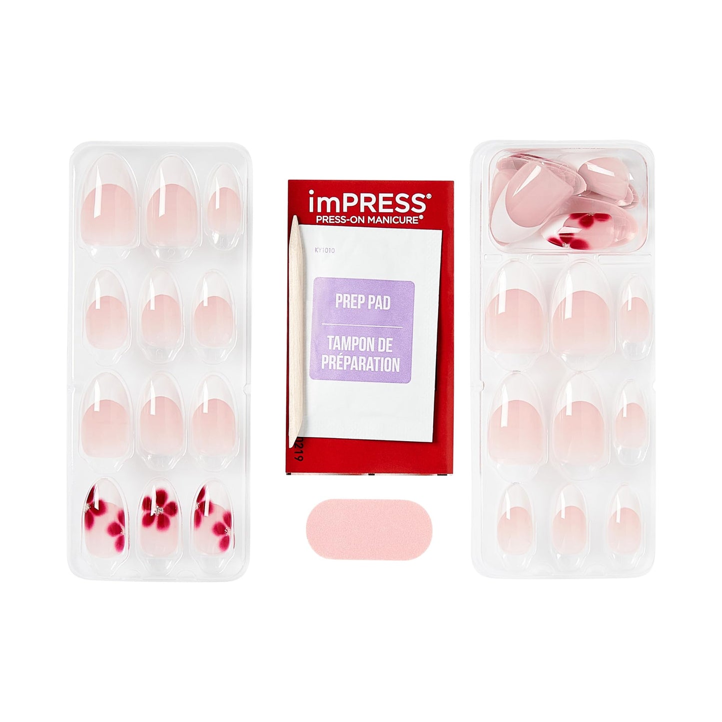 Kiss Impress No Glue Mani Press On Nails, Design, 'Hampton', Red, Medium Size, Almond Shape, Includes 30 Nails, Prep Pad, Instructions Sheet, 1 Manicure Stick, 1 Mini File
